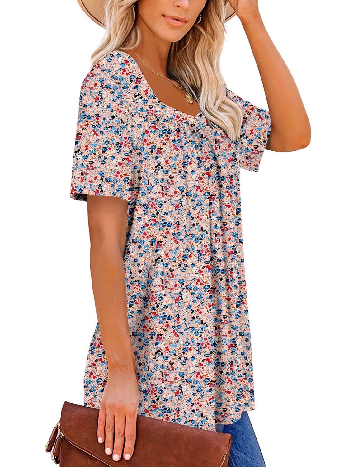 Womens Short Sleeve T Shirts Loose Fit Tunic Tops Square Neck Casual Summer Tops FleshBlue 3XL