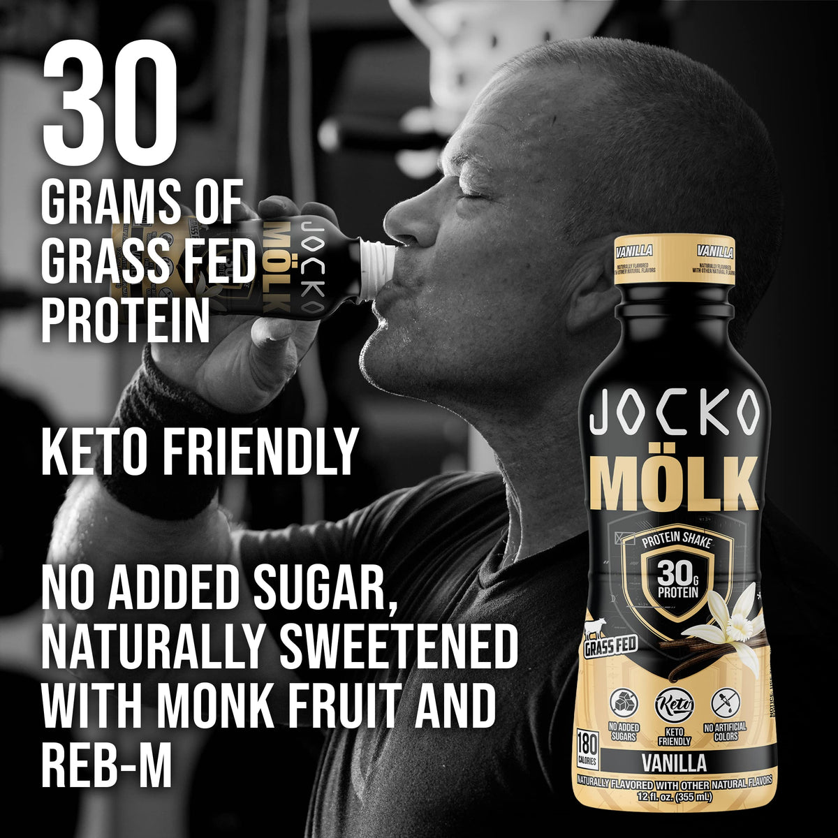Jocko Mölk 30g Grass Fed Protein Shakes – No Added Sugar Protein Drinks KETO Friendly - Ready to Drink 12 FL Oz (Pack of 12) Vanilla