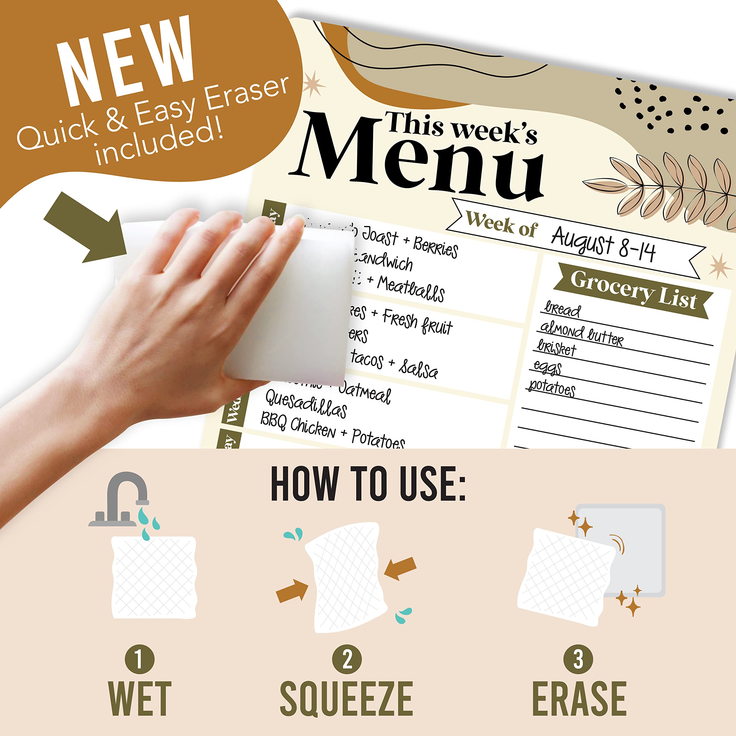 Hadley Designs Boho Magnetic Weekly Meal Planner Dry Erase Board for Refrigerator - Weekly Dinner Menu Board for Kitchen Conversion Chart Magnet, Grocery List Magnet