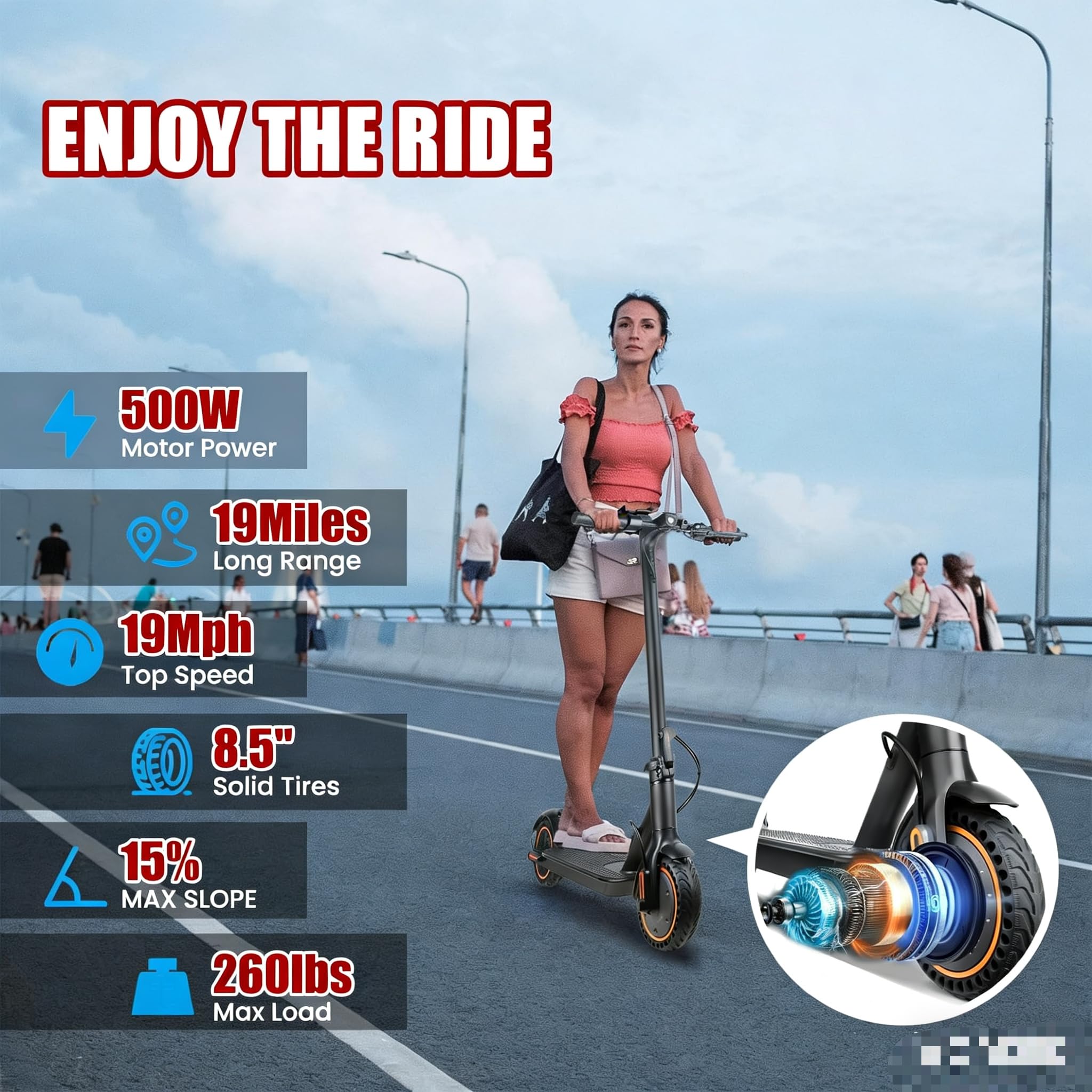 Electric Scooter Adults, Peak 500W, Max 19 Mph Speed, 19 Miles Long Range, 8.5 Inch Solid Tires, Portable Folding E-Scooter for Commuting with Dual Brakes, APP Control & Front & Rear Lights