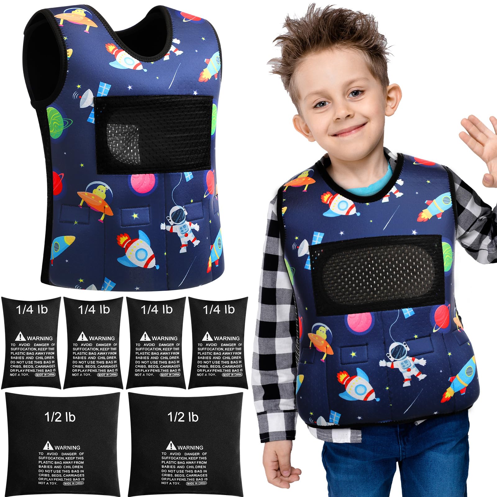Janmercy Weighted Vest for Kids Ages 4 to 7 and Ages 8+ Boy Girl Adjustable Breathable Compression Vest for Processing Issue(Rocket,Small,Dark Blue)