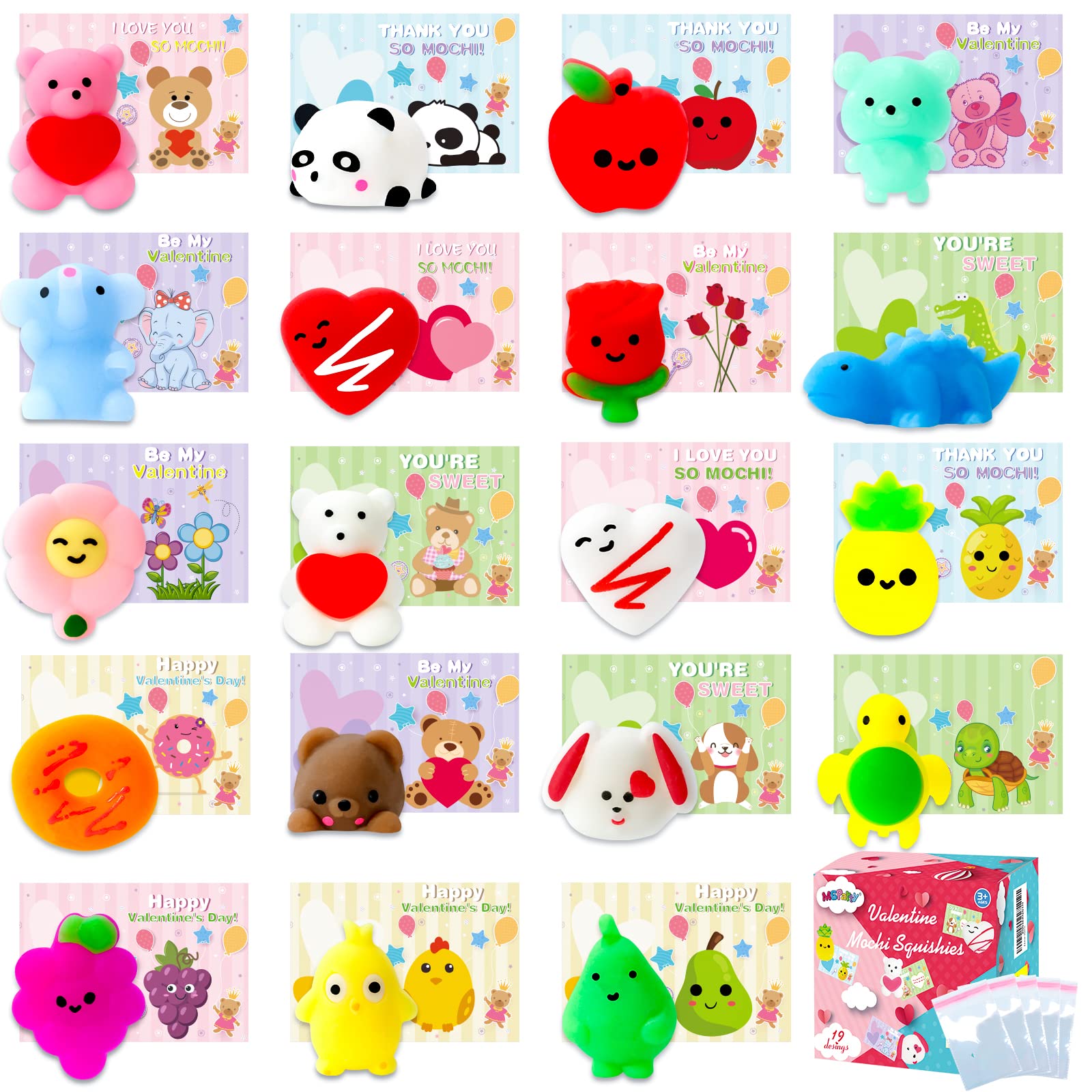 MGparty Valentines Gifts for Kids with 38 Pack Kawaii Mochi Squishies Toys, Valentines Cards for Kids Classroom Exchange Prizes Boys Girls School Party Favors