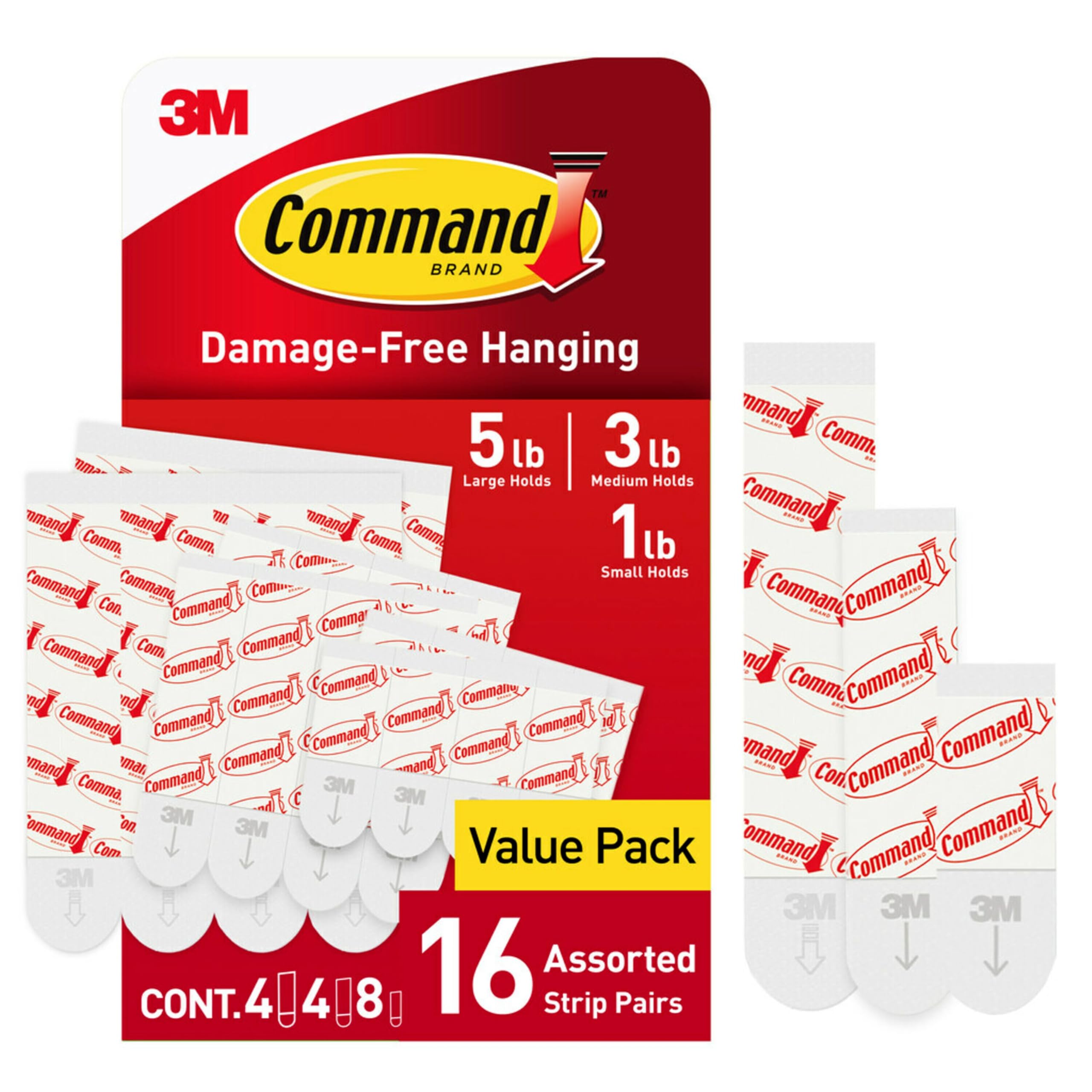 Command Replacement Adhesive Strips – 8 Small, 4 Medium, 4 Large, Damage-Free Hanging for Hooks and Clips, 16-Count