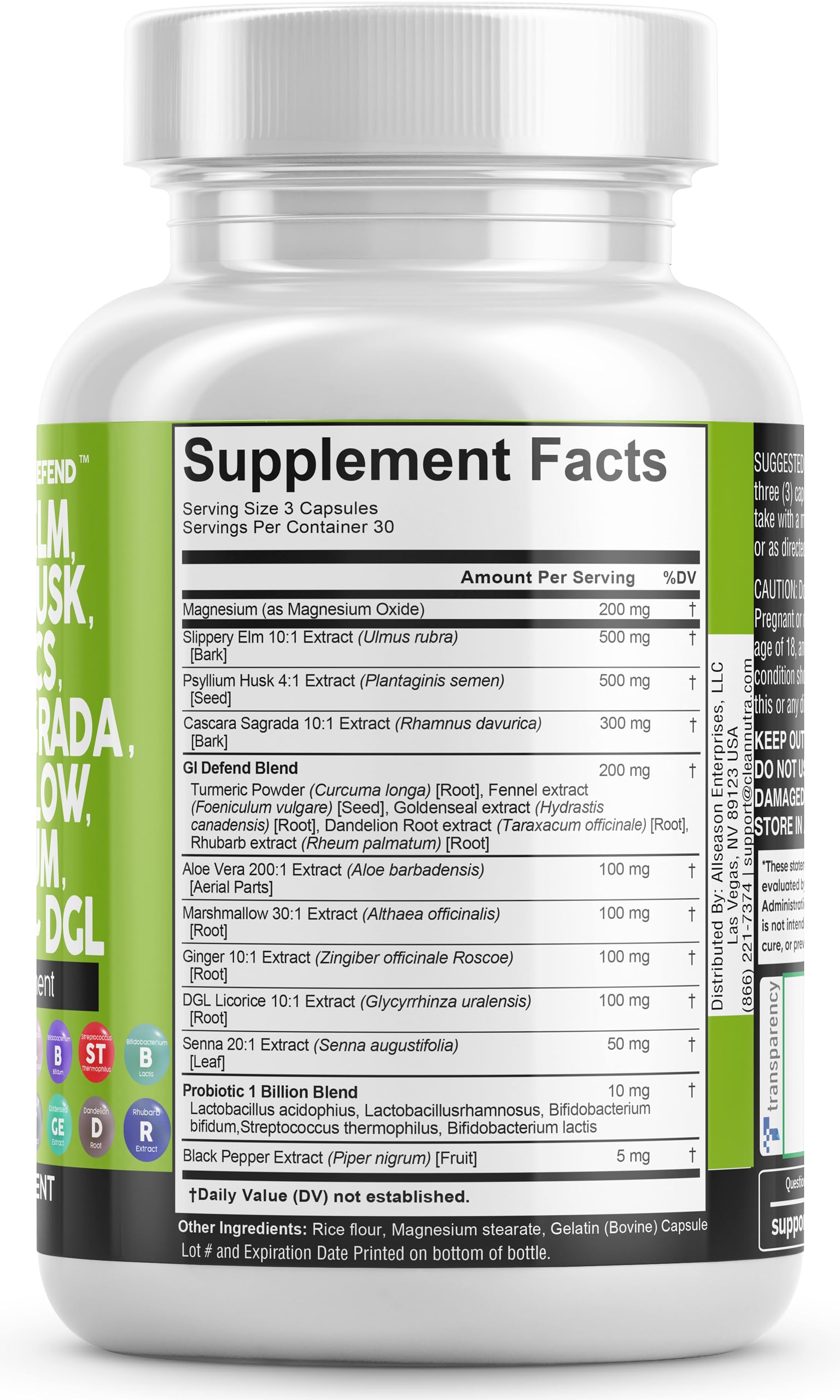 Clean Nutraceuticals Slippery Elm 5000mg Psyllium Husk 2000mg Pre Probiotic Digestive Gut Health Supplement with Aloe Vera Cascara Sagrada 2000mg Marshmallow Root DGL Licorice Senna Extract