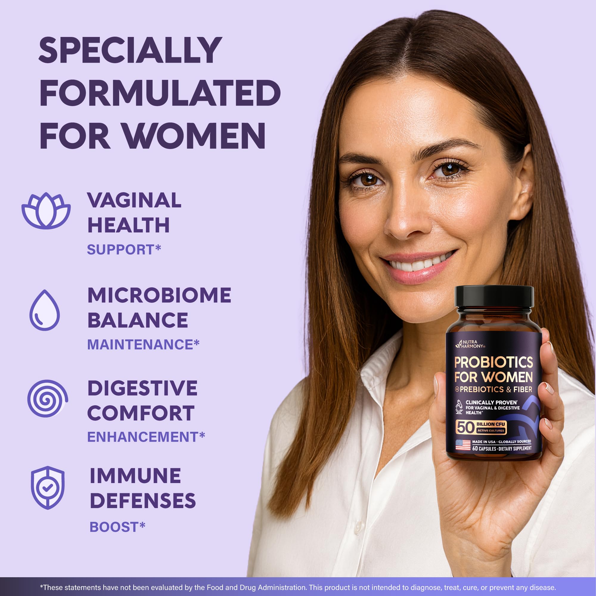 Probiotics for Women 50 Billion CFU - Vaginal Probiotics Clinically Proven for Yeast & pH Balance - Digestion & Bloating Relief - 8 Strains + Prebiotics - Delay Release - Made in USA, 60 Capsules