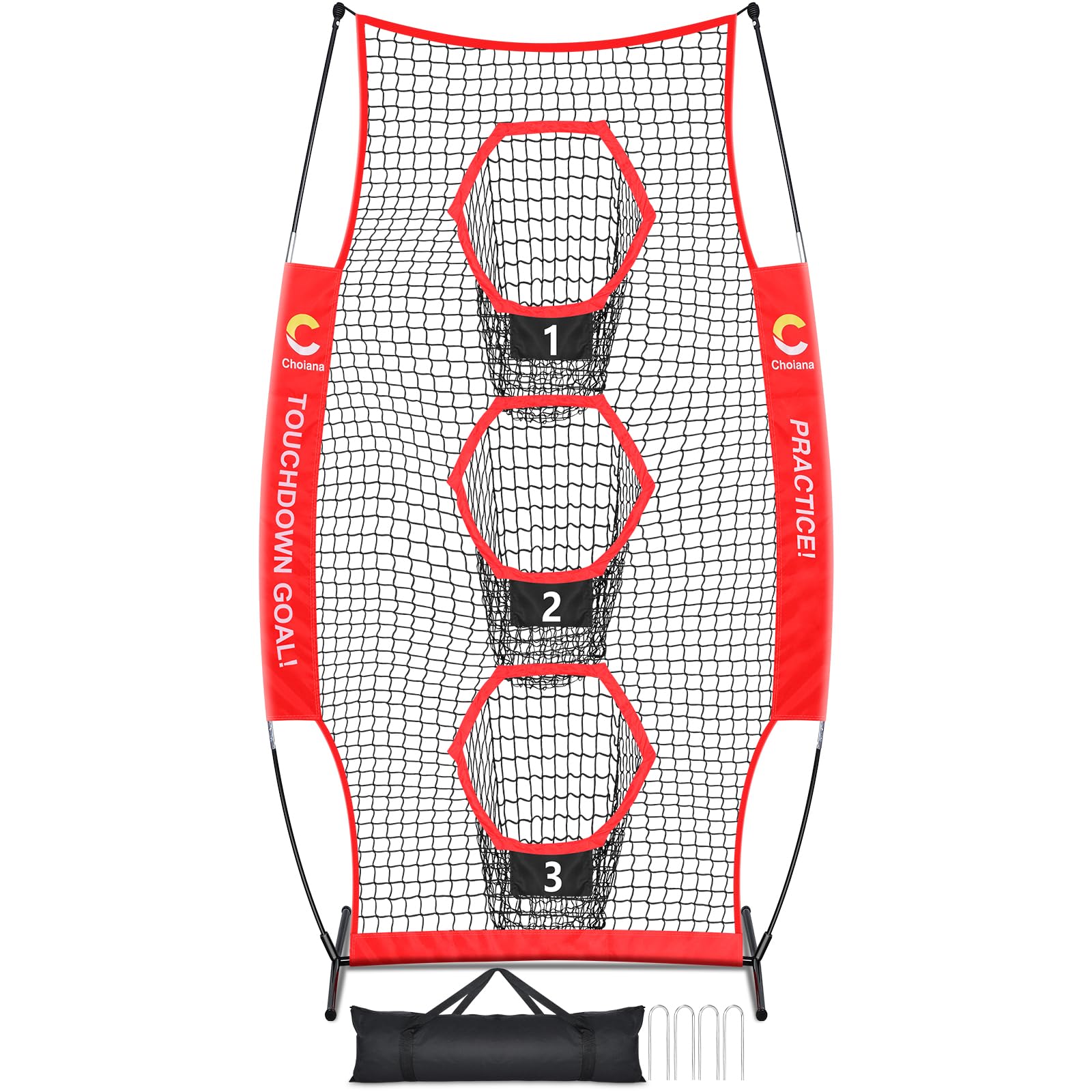 Choiana Football Net, 8 x 4ft Football Throwing Target Net Trainer w/ 3 Pockets, Practice Net Quarterback Training Equipment for Throw Accuracy Improving w/Carry Bag, Ground Stake for Backyard Kids
