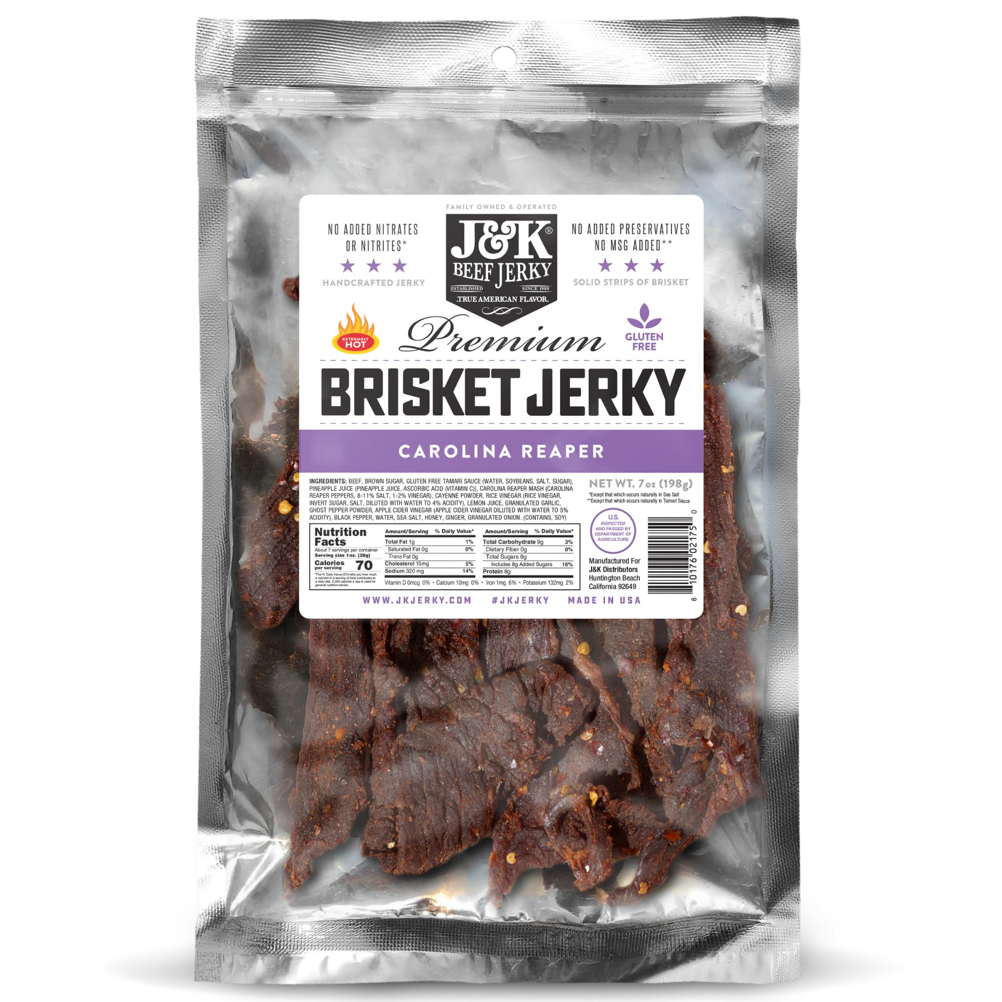 J&K Jerky Carolina Reaper Beef Brisket Jerky - Small Batch American Made Slab Beef Jerky's Spicy and Savory Snack with a Kick - Bold & Flavorful Snack! - 7oz Big Bag of Jerky's