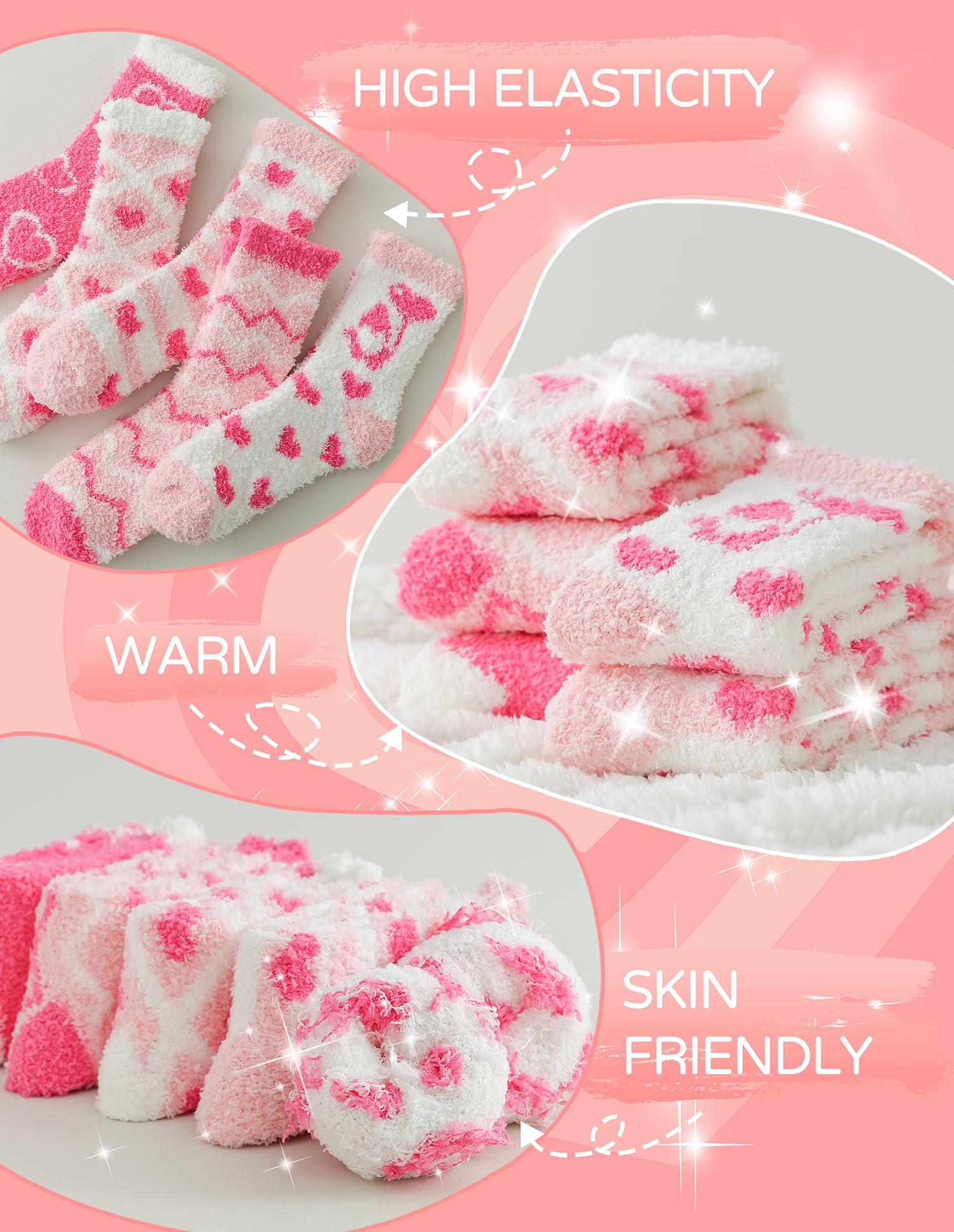 TEHOOK Valentines Gifts-Warm Fuzzy Cozy Fluffy Soft Socks-Pink Heart Valentines Socks-Valentines Day Gifts for Her Girlfriend Wife Women Girls-Valentines Basket Stuffers
