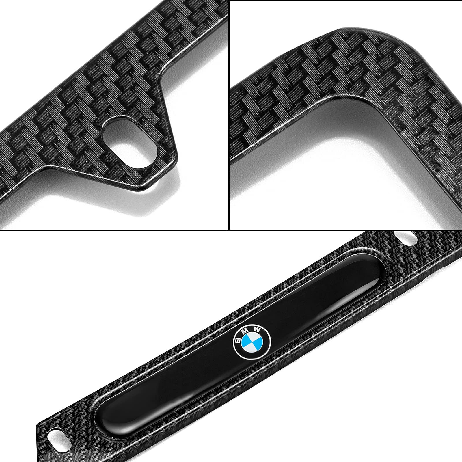 Black License Plate Frames for BMW, 2PCS Carbon Fiber Printing License Plate Holder Bracket, Premium Aluminum Alloy Weather Proof License Plate Covers with Screw Caps Cover Set Car Accessories