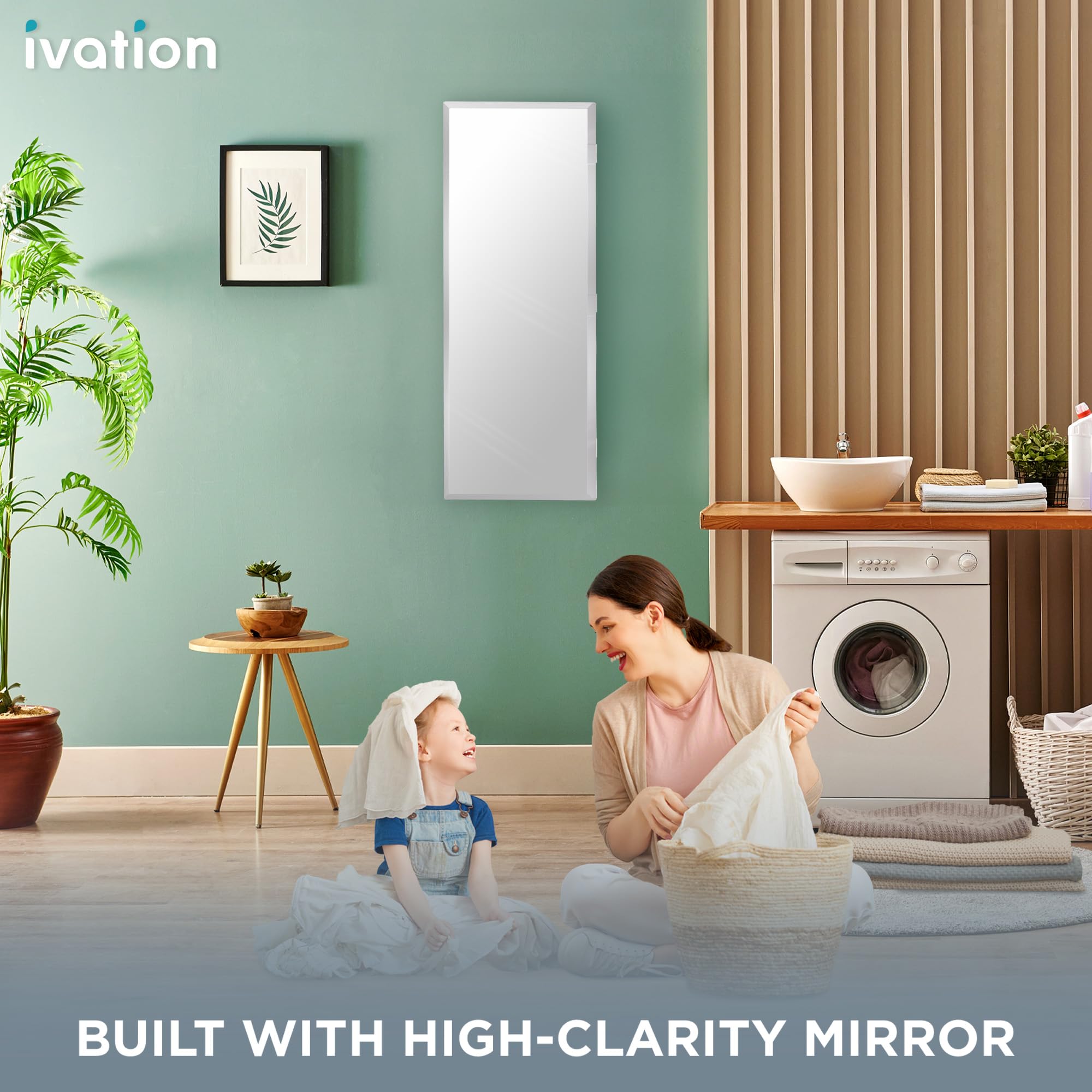 Ivation Wall-Mounted Ironing Board Cabinet, Foldable Ironing Storage Station for Home, Apartment, Easy-Release Lever, Garment Hooks, with Full Mirror Door, White