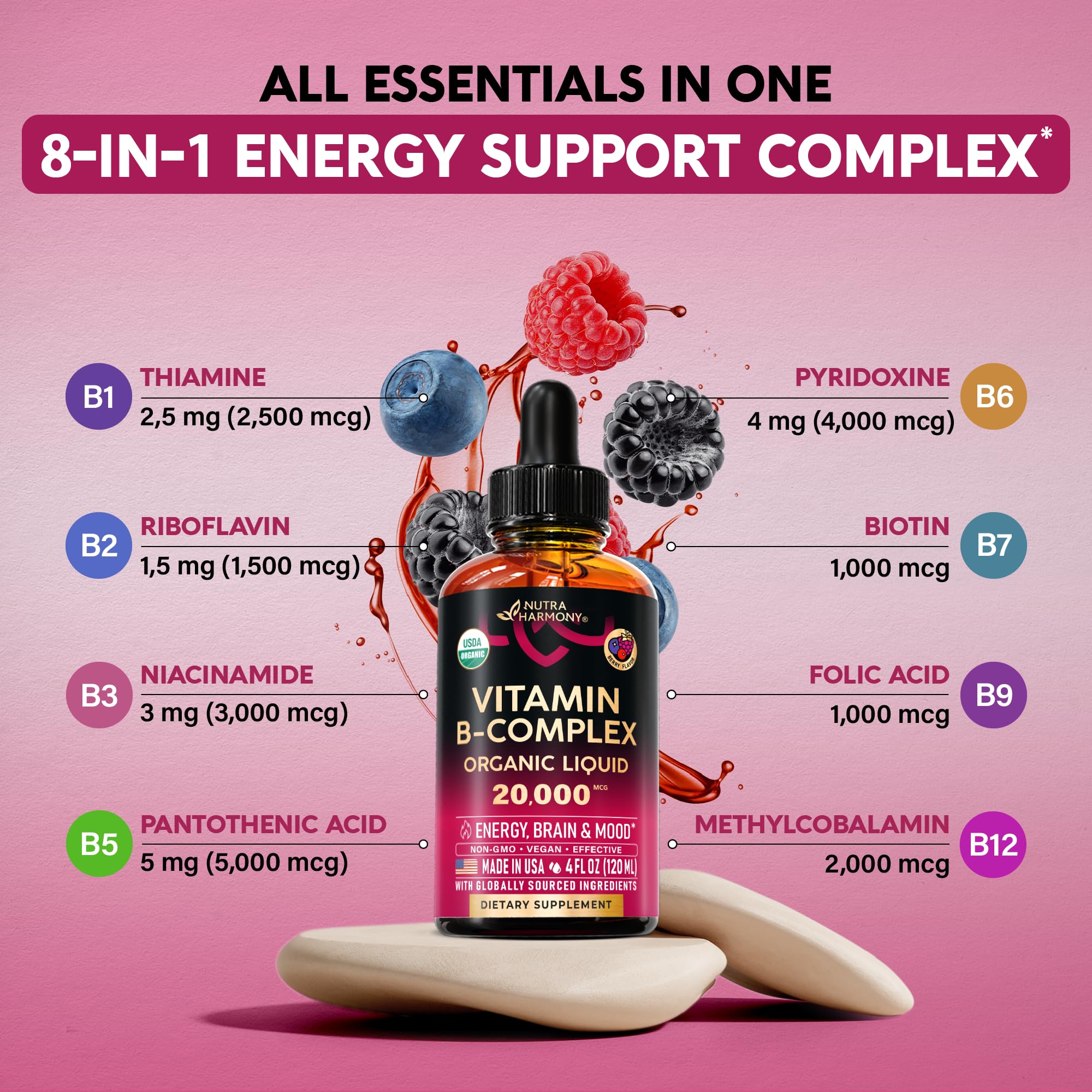 USDA Organic Vitamin B-Complex B5 Pantothenic Acid | B12 Methylcobalamin | B1 Thiamine | B6 Pyridoxine | B7 Biotin | B9 Folic | B3 Niacinamide - B Complex Liquid Drops, Made in USA Supplement, 4fl oz