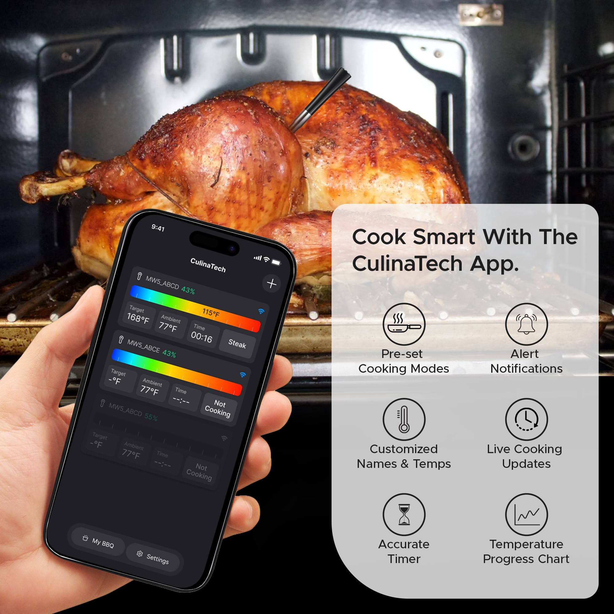 CulinaTech 750ft Wireless Meat Thermometer Long Range for Smoker, BBQ & Rotisserie, Smart Bluetooth Thermometer Dual Sensor Waterproof Probe with LCD Base Station Display & App Control