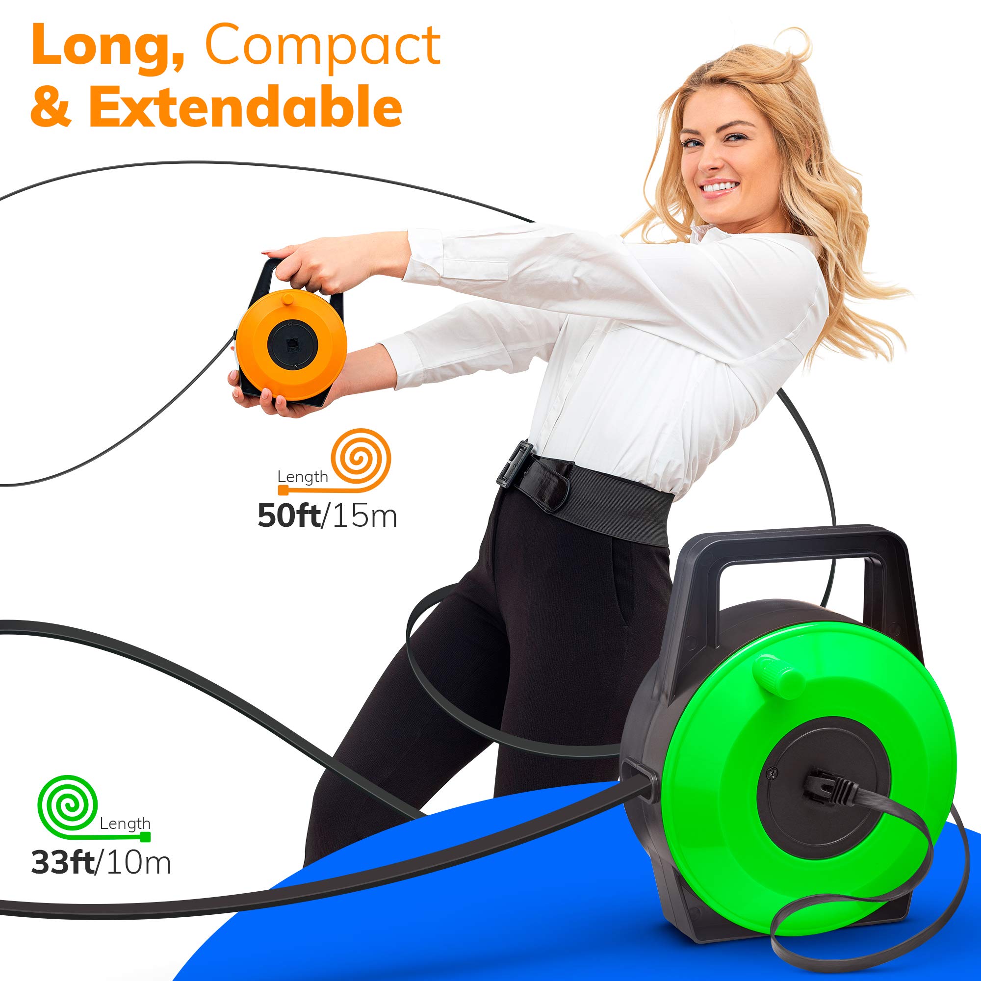 EXTNGO Retractable Network Cable Extender, 50 Feet CAT 6 Ethernet Cable Flat-Portable 1Gbps Data Speed-Swiftly Setup Temp Networks-Cascadable Male-Female RJ45 Connector-UTP Cable Reel