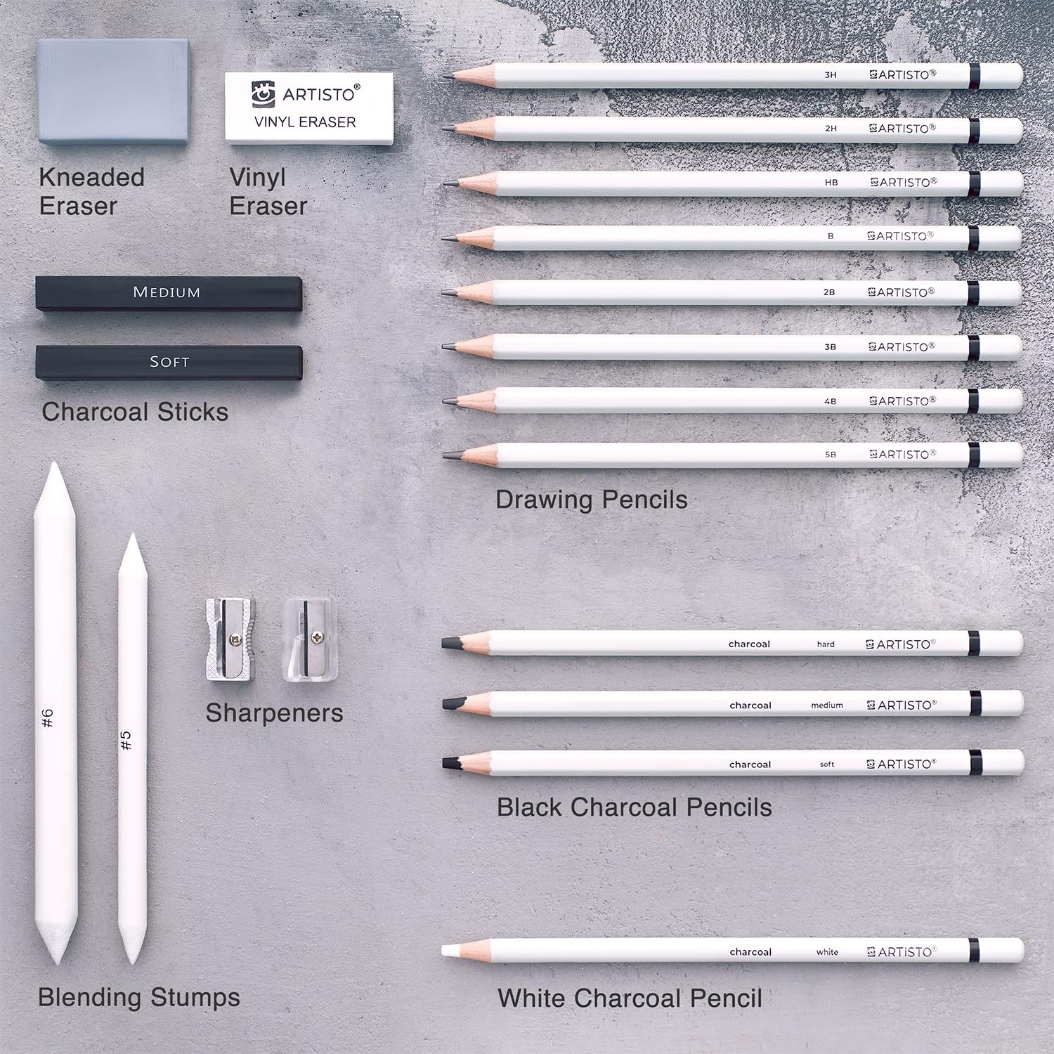 Artisto Drawing and Sketching Pencil Art Set (20 Items): Complete Kit with Graphite Pencils, Charcoal Pencils, Sticks, Blending Stumps, Erasers, and Sharpeners