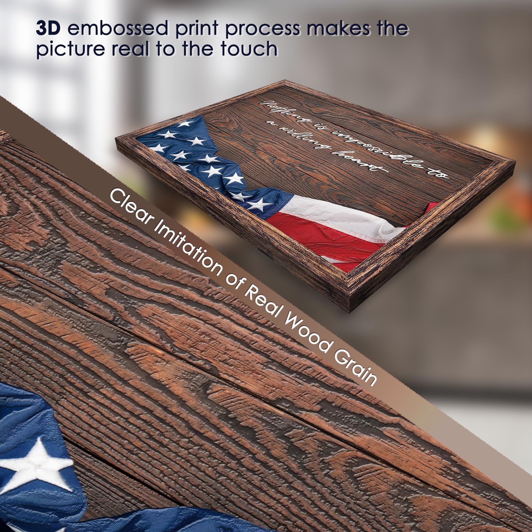 Farmhouse Rustic American National Flag Wall Art Modern Embossing Plate Patriotic Pride Motivational Framed Artwork for Living Room Office Bedroom Wall Decor - 12''x16''