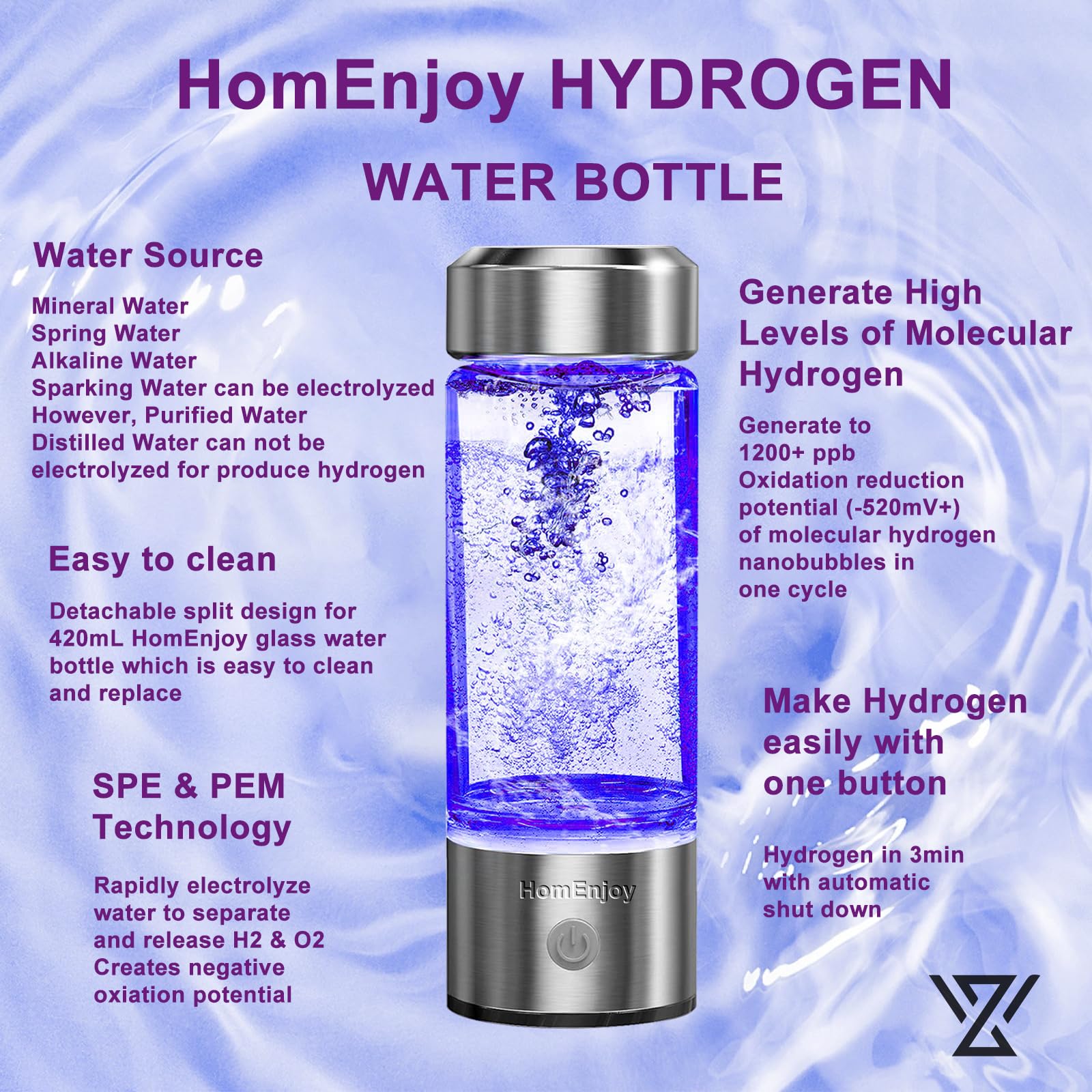 HomEnjoy Hydrogen Water Generator Bottle, SPE & PEM Technology, 14OZ Portable Rechargeable Hydrogen Water Ionizer Machine, for Home Office Gift Travel Fitness Daily Drinking