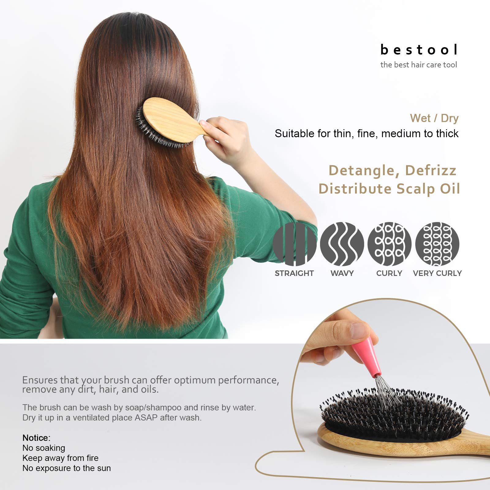 BESTOOL Hair Brush, Boar Bristle Hair Brushes for Women men Kid, Boar & Nylon Bristle Brush for Wet/Dry Hair Smoothing Massaging Detangling, Everyday Brush Enhance Shine & Health (Round)