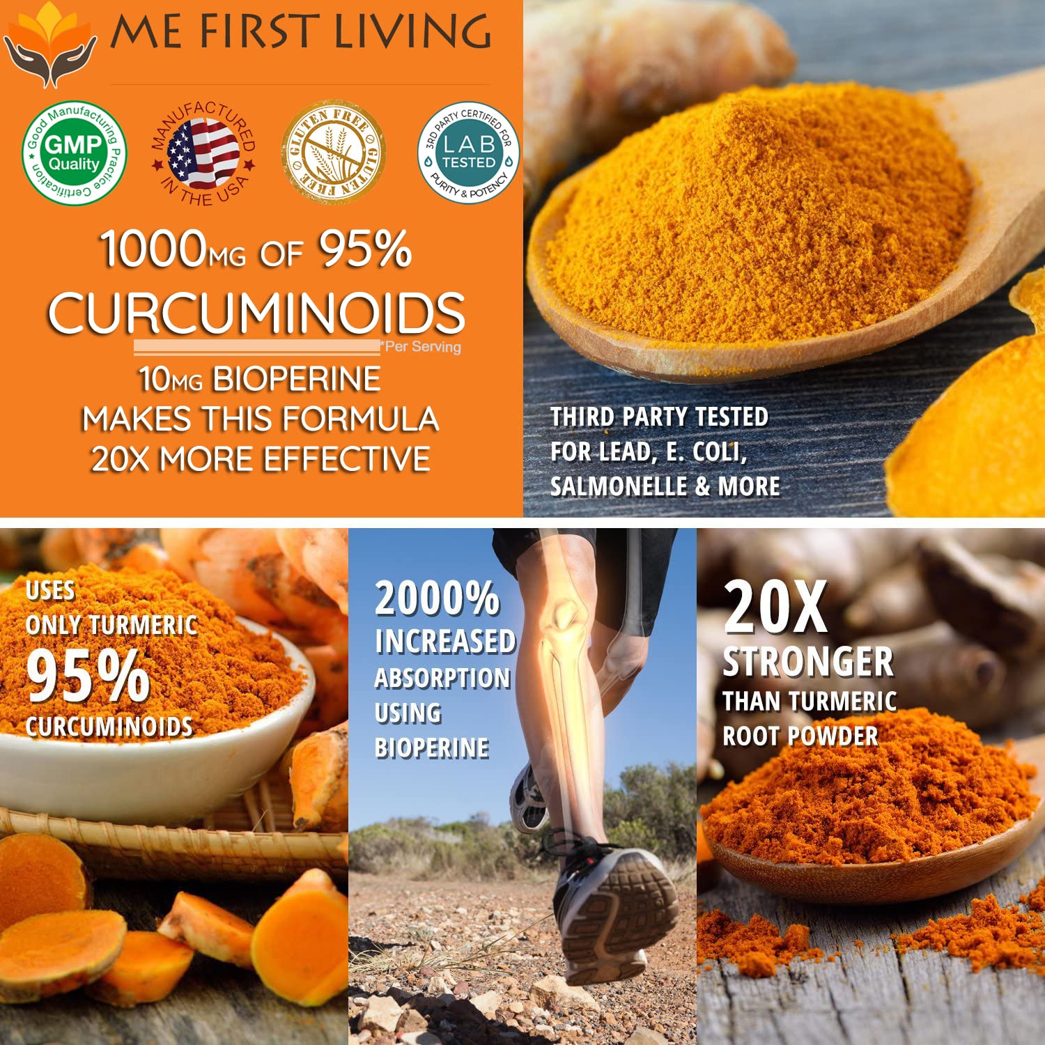 Me First Living Turmeric Curcumin 1000 mg 95% Curcuminoids, Bioperine 10 mg, 19x More Potent Than Others, Increased Absorption, Non-GMO, Organic Turmeric, Vegan, Gluten Free, 60 Capsules