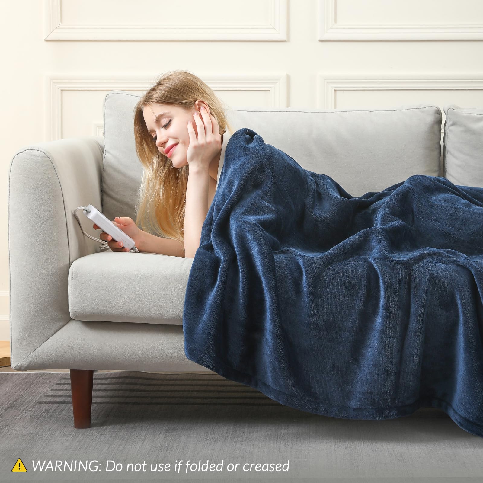 HOMLYNS Heated Blanket Twin Size, Electric Blanket with 1-12 hrs Timer Auto-Off & 10 Heating Levels, Double-Layer Flannel Heating Blanket with ETL Certification, Machine Washable (62”x 84”, Navy)