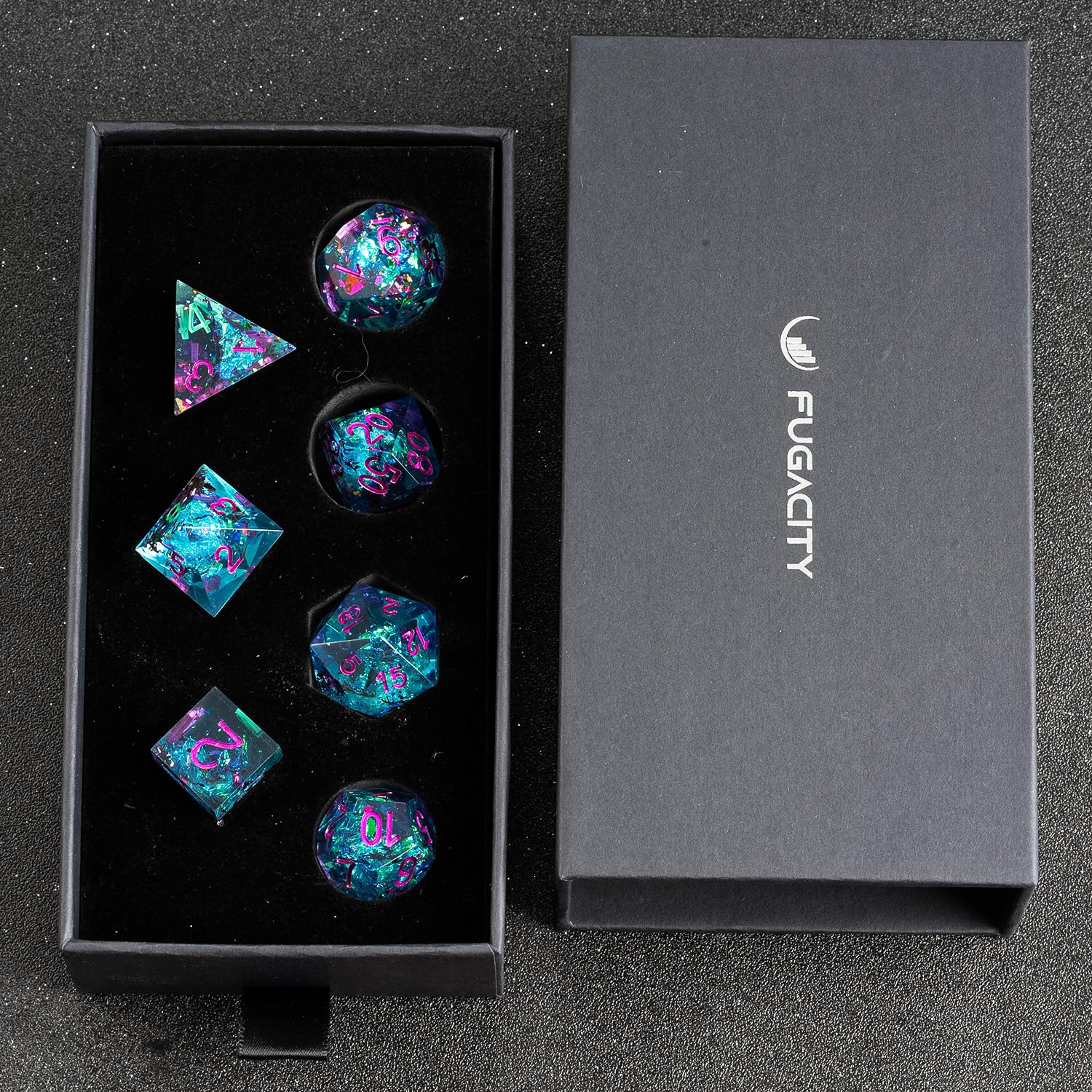 Fugacity DND Dice Set,Handmade Sharp Edge 7 Piece Resin Dice-Dungeons and Dragons Polyhedral Dice Set, D&D Dice Set with Gift Dice Case for RPG MTG Table Games