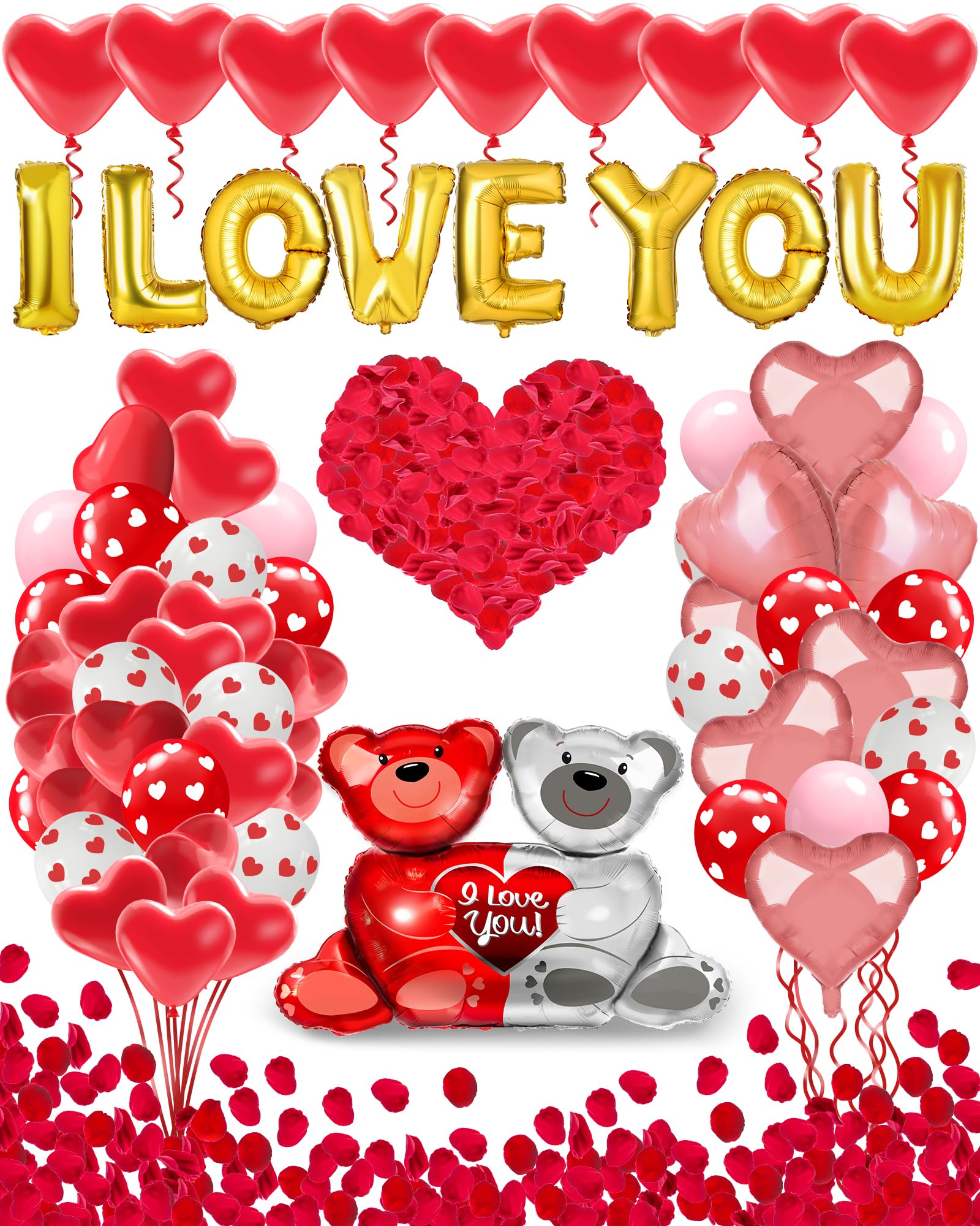 Lutoys Valentines Balloon Kit Decor with I Love You Balloons, Heart Balloons with 1000 Pcs Silk Red Rose Petals for Valentines Day Galentines Party Decorations Proposal Wedding Anniversary Decor