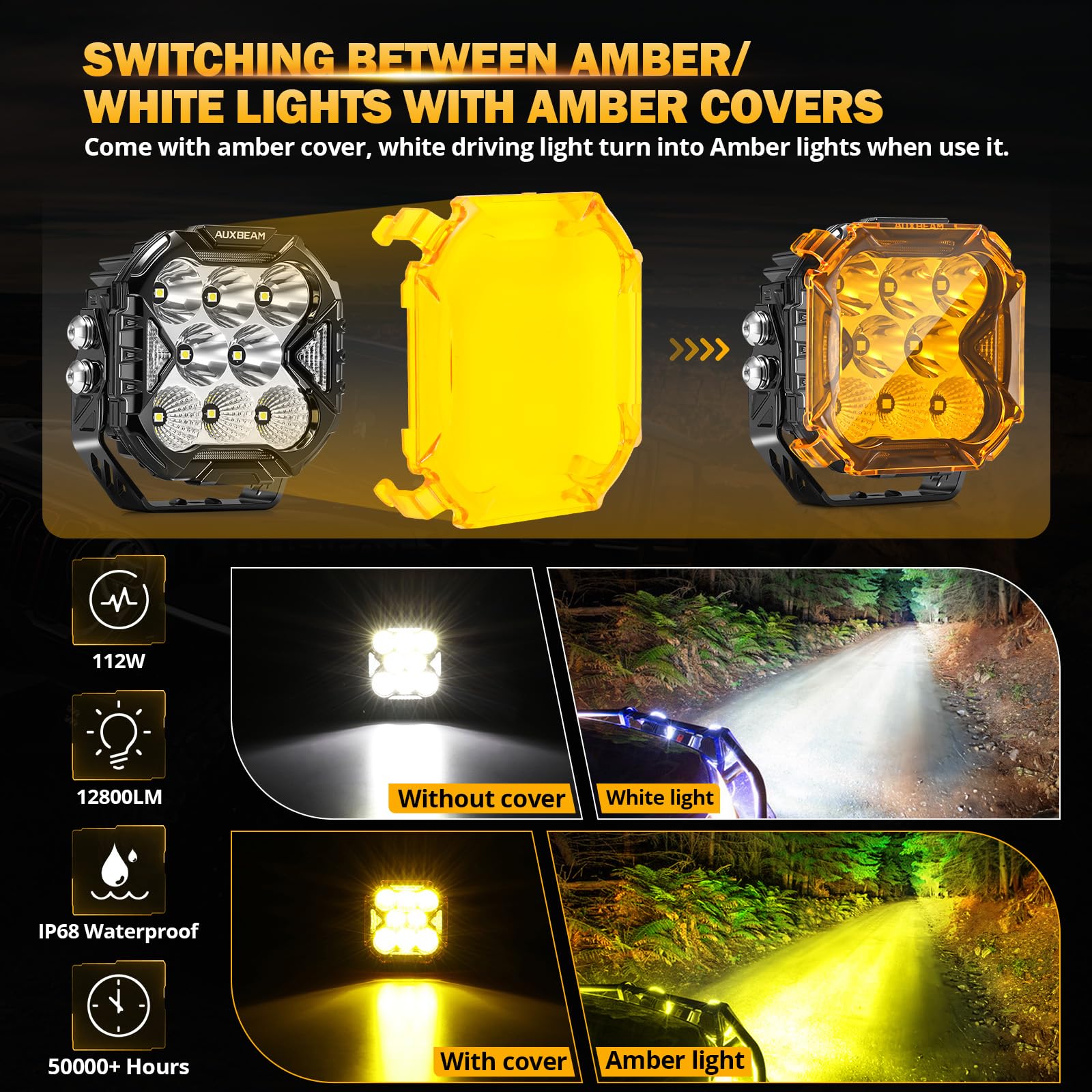 Auxbeam Cube-Z Series 4" Led Pods Lights with Amber Covers, 112W 12800LM Flood Spot Combo Offroad Driving Lights with DRL Turn Signal, Cube Ditch Light with DT Wiring Harness for Jeep ATV UTV, Pair