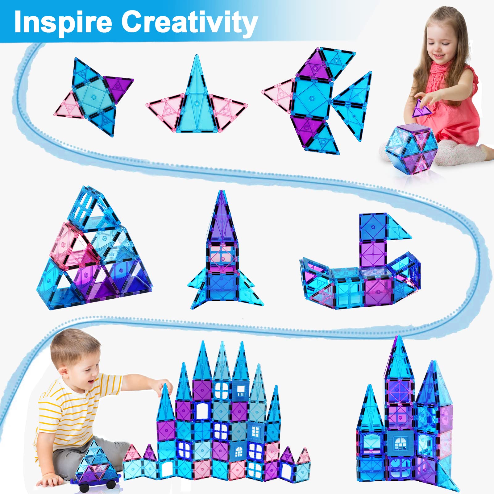 NVHH Magnetic Tiles Kids Toys for 3 4 5 6 7 8+ Year Old Boys Girls Toys Castle Princess Magnetic Building Blocks Educational Toddler Gifts Toy Age 2-4 5 6-8 Year Old Girl Boy Birthday