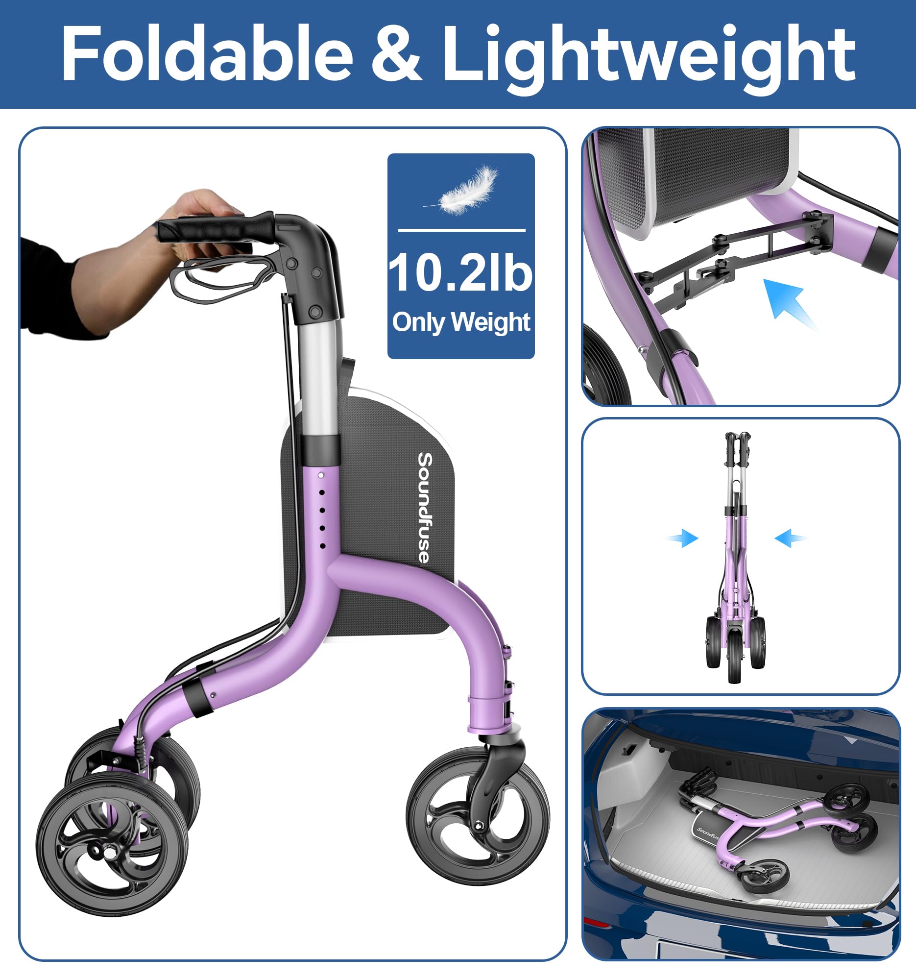 SOUNDFUSE 3 Wheel Walkers for Seniors, Lightweight Foldable Aluminum Rollator Walker, Height Adjustable Three Wheel Walker, Purple