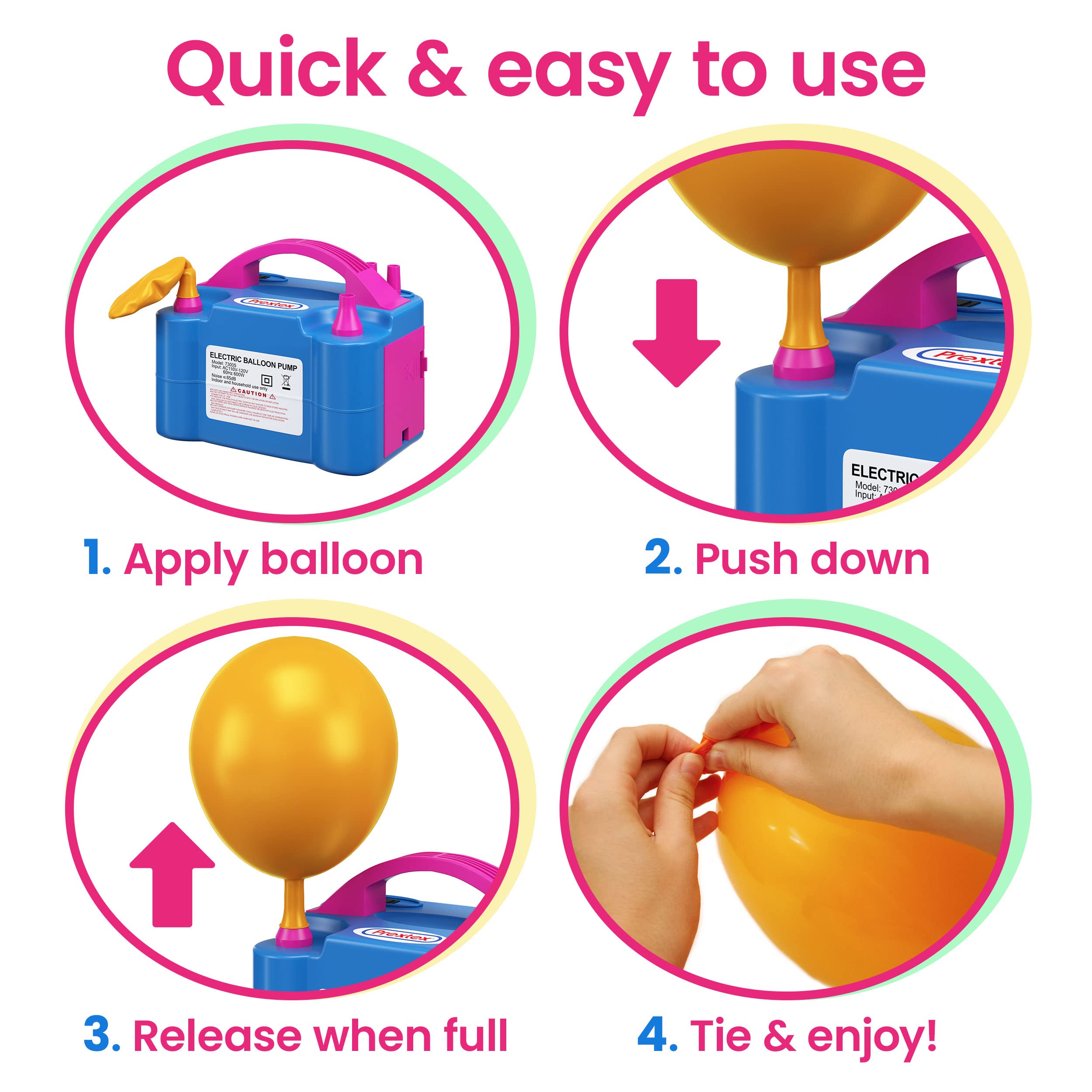 Prextex Balloons Electric Pump Inflate, Blue 110V 600W - Portable Pump with Air Blower & Dual Nozzle Inflator for Fast & Easy Bulk Balloons Filling for Event & Party Decoration - Balloon Pump Electric