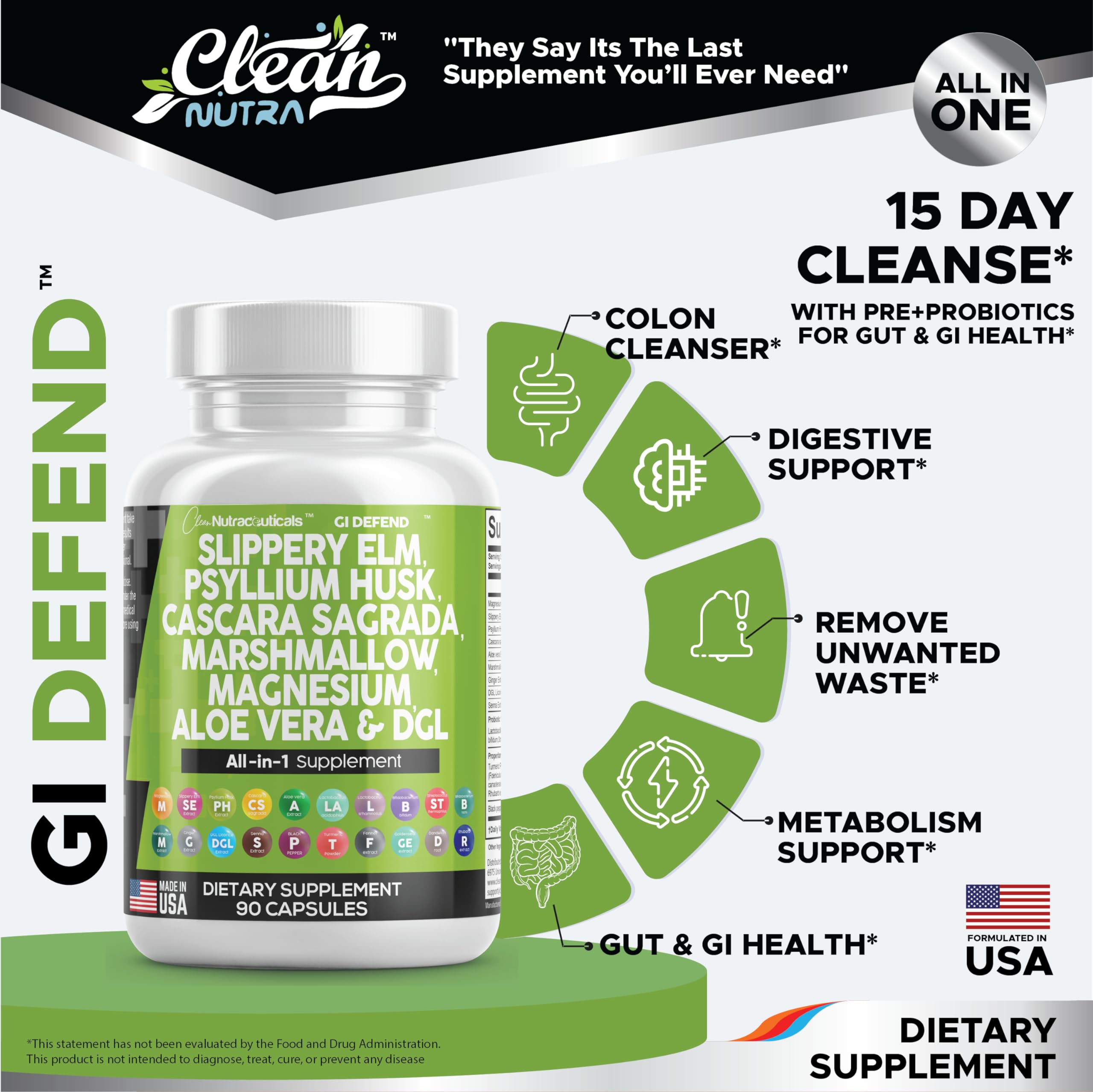 Clean Nutraceuticals Slippery Elm 5000mg Psyllium Husk 2000mg Pre Probiotic Digestive Gut Health Supplement with Aloe Vera Cascara Sagrada 2000mg Marshmallow Root DGL Licorice Senna Extract