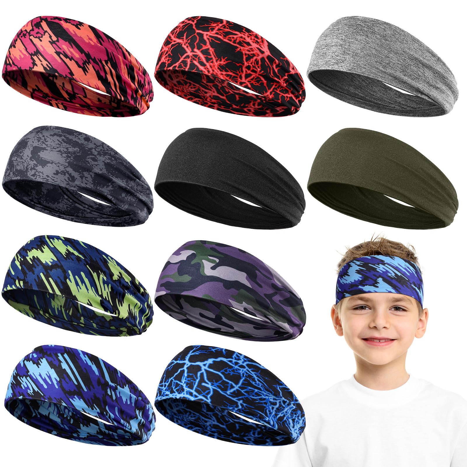Sratte 10 PCS Sweatbands for Kids Soccer Headbands Boys Sports Kids Sweatbands Breathable Sweat Wicking Headband for Youth Basketball, Football, Baseball, Running