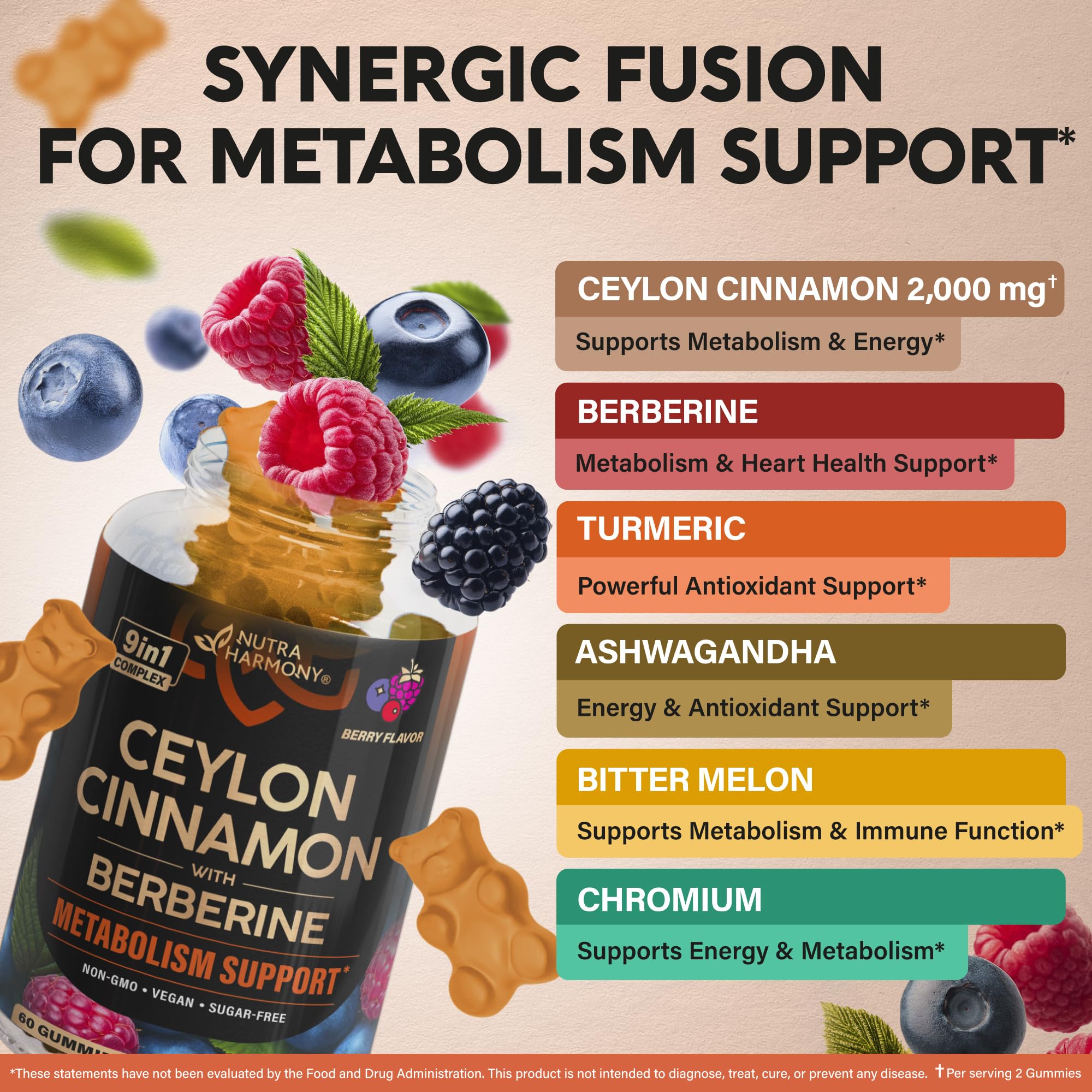 Ceylon Cinnamon Gummies 2000 mg - Berberine | Turmeric | Ashwagandha | Bitter Melon | Psyllium - Metabolism, Energy & Heart Support for Men & Women - Sugar-Free, Natural Berry Flavor - 60 Gummies
