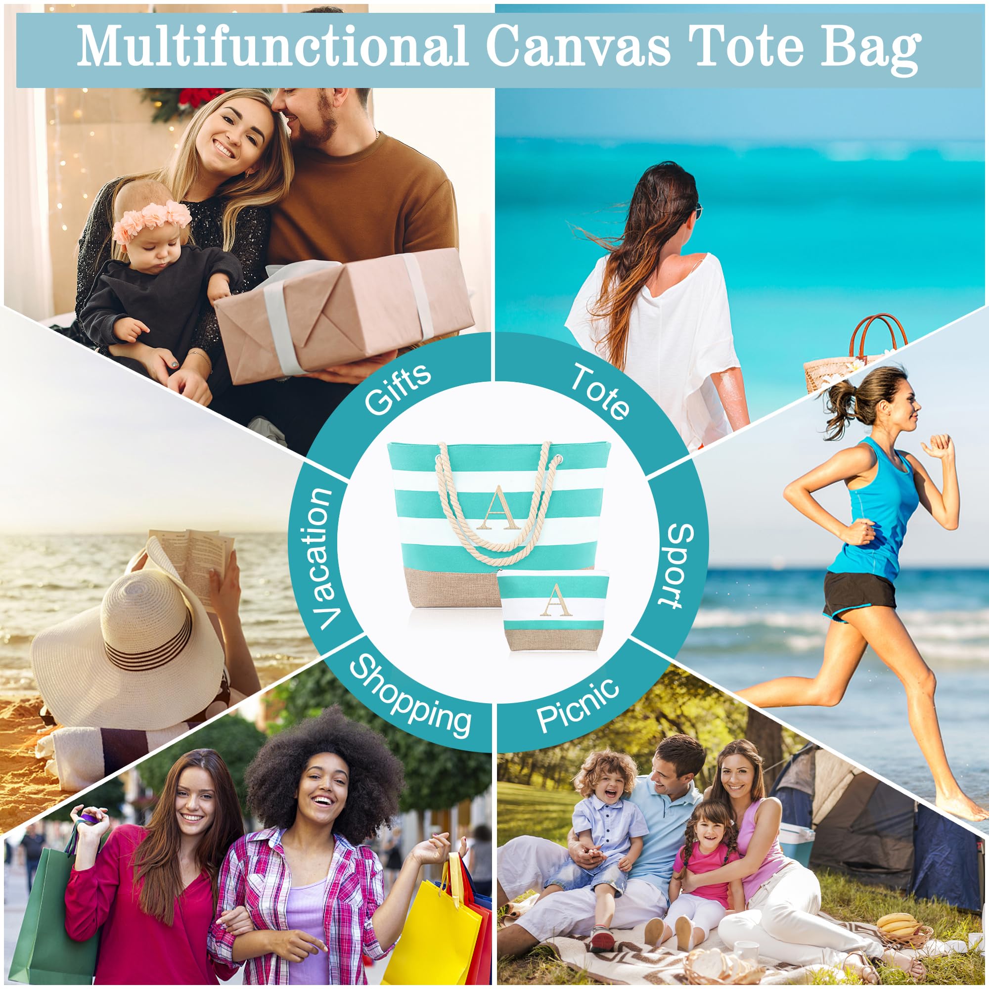 YOOLIFE Initial Beach Bag - Monogram Travel Canvas Beach Bag Makeup Bag Zipper, Personalized Birthday Gifts for Her Girlfriend Mom Friend Female Teacher Bridesmaid Waterproof Bag Christmas Gifts J