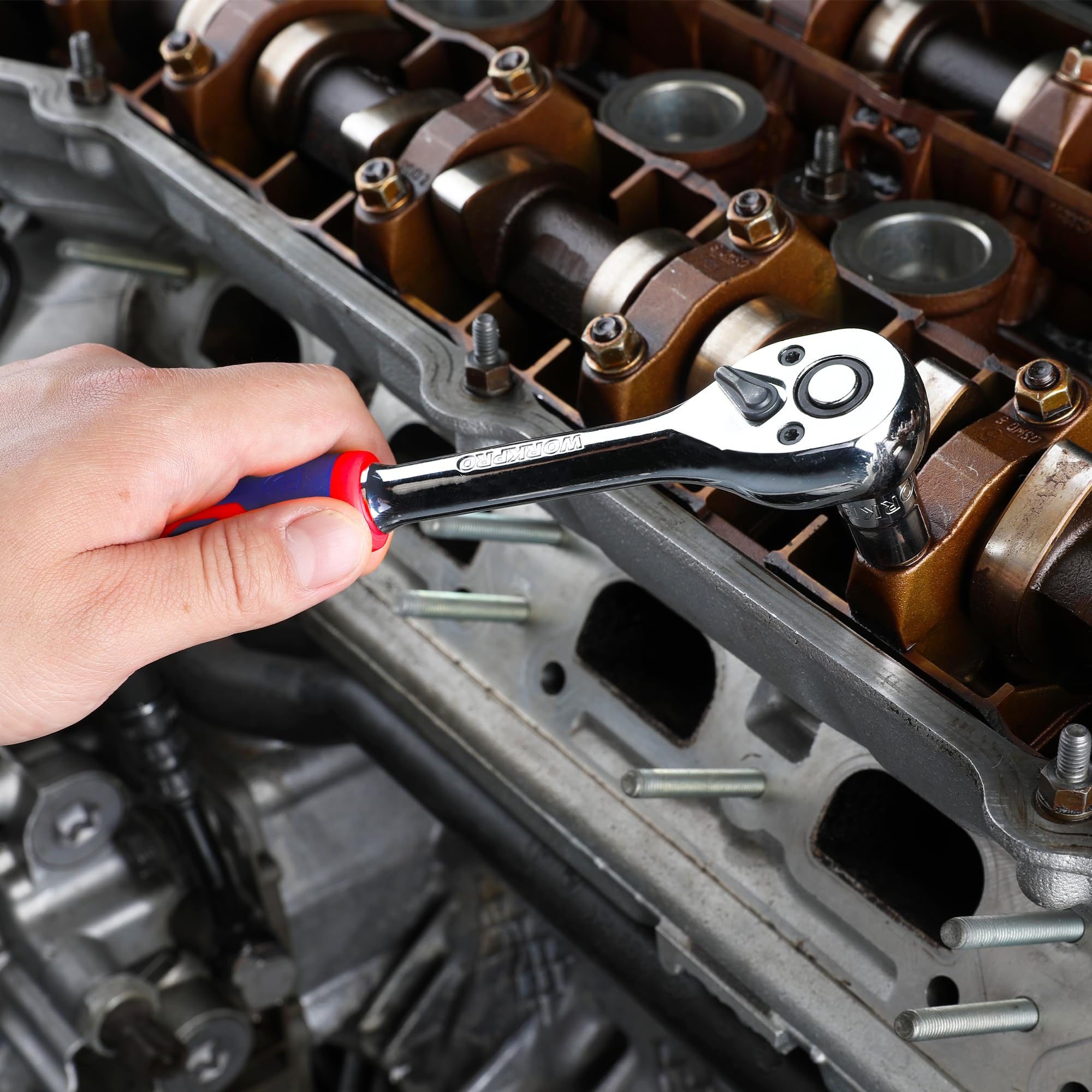 WORKPRO 32-Piece 3/8-inch Drive Metric Sockets and Ratchet-Including 30 Metric Deep and Shallow Sockets, 6-20mm with Magnetic Organizer and 72-Tooth Quick Release Reversible Ratchet for Auto Repair