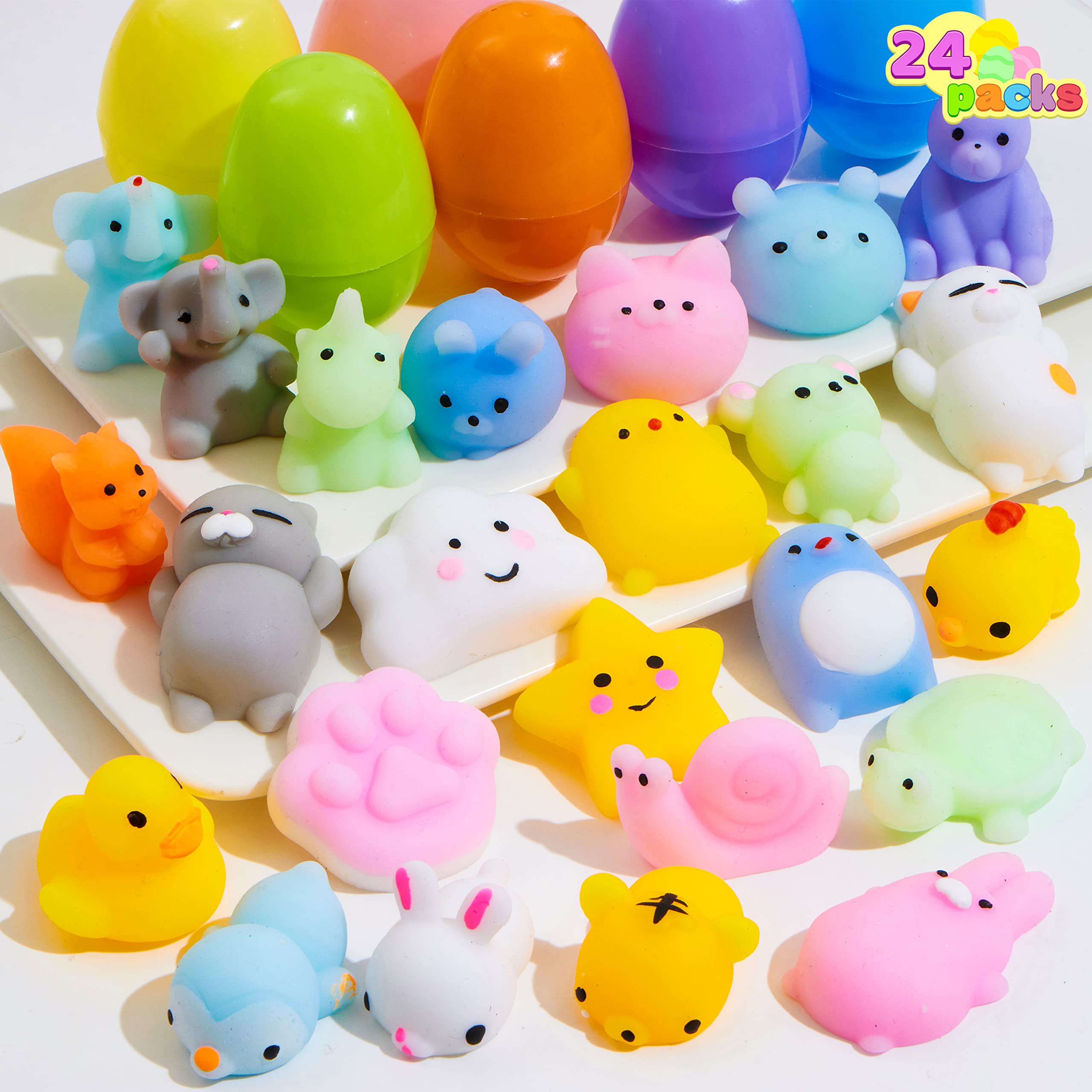 JOYIN 24 Pcs Easter Prefilled Eggs with Mochi Squishy Toys, Animal Stress Reliever Squishy Toy for Easter Theme Egg Hunt, Kids Party Favor, Basket Stuffers Filler, Classroom Prize Supplies