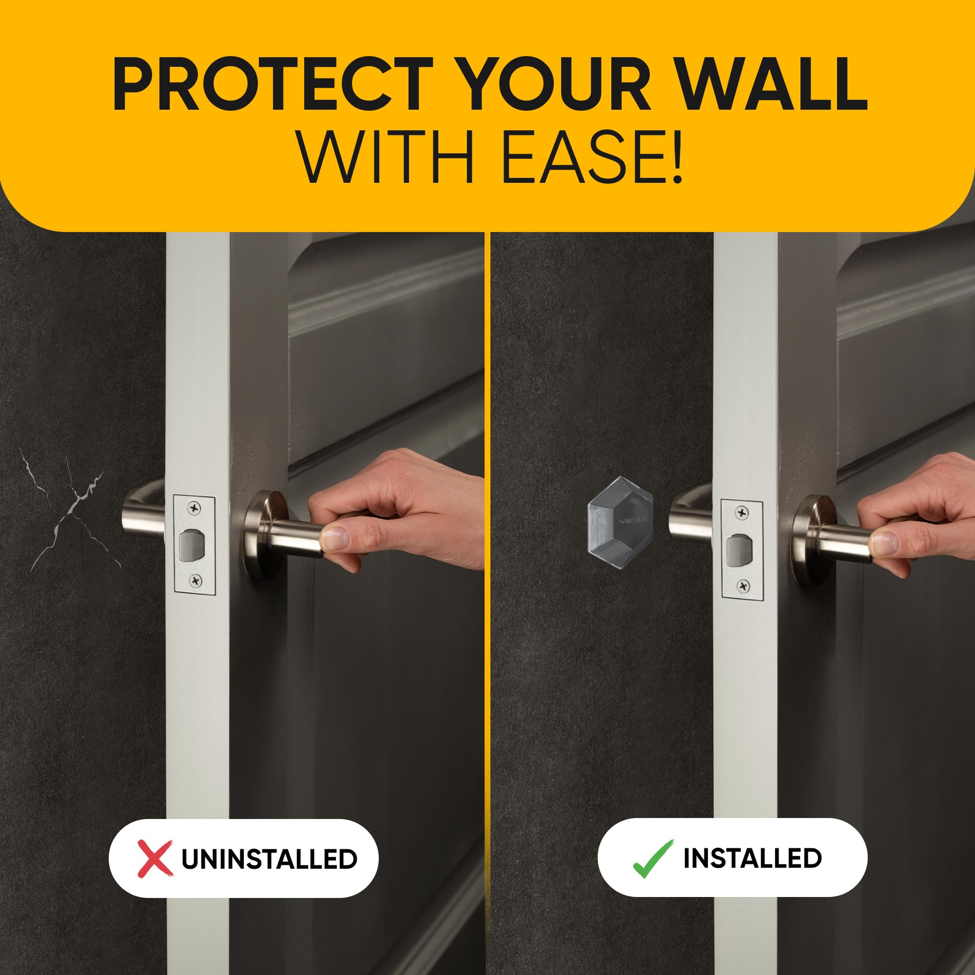 Large 2" Door Knob Wall Protectors โ 4 Clear Self-Adhesive Silicone Bumper Pads in Modern Hex Shape โ Noise Dampening Wall & Furniture Guards by VELLAX