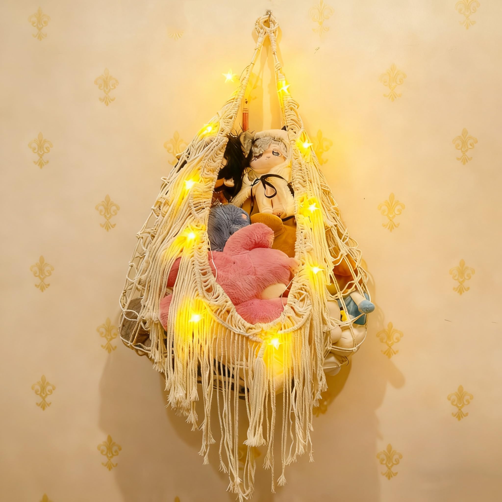 Stuffed Animal Hammock or Net With LED Lights Extra Large Wall Hanging Stuffed Animal Storage Nets for Teddy Bear Handmade Macrame Hanging Toy Net Hammock for Stuffed Animal Storage (Beige)