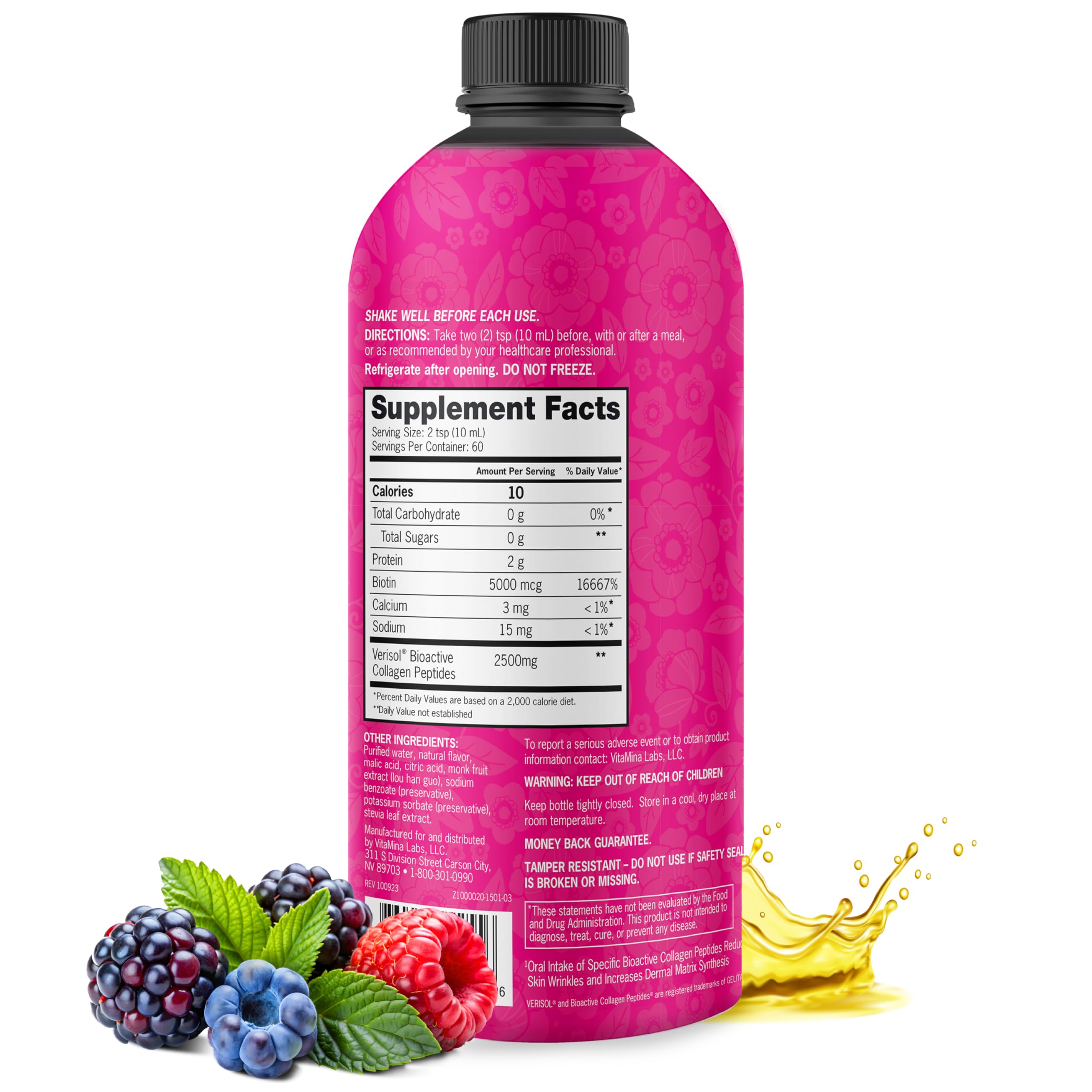 Zena Nutrition Liquid Collagen Peptides and Biotin, 2500mg Verisol Bioactive Collagen Peptides, 5000mcg Biotin, Hair, Skin, Nail Supplement for Women and Men, Mixed Berry, 60 Servings, 20.3 fl oz