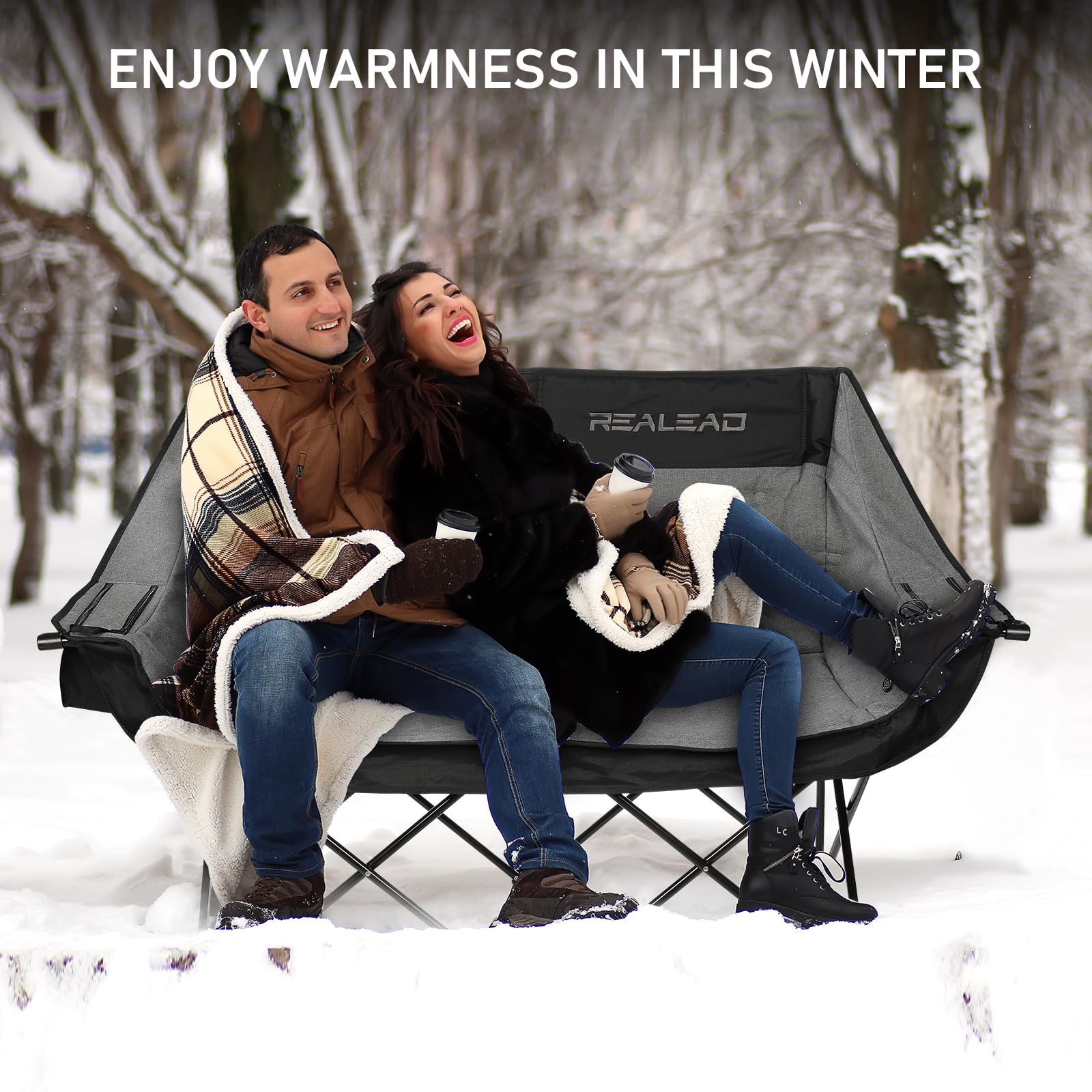 REALEAD Heated Loveseat Camping Chair | 3 Heat Levels and 4 Heating Zones | Portable Heated Chair for Outdoor Sports | Support 550lbs | Heated Folding Chairs for Outside | Battery NOT Included