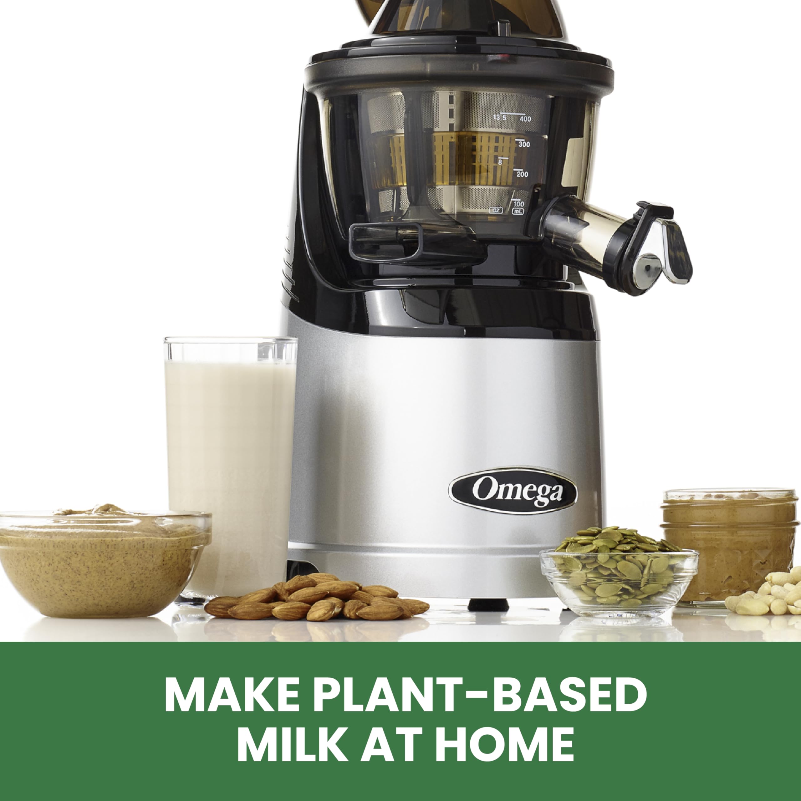 Omega MegaMouth Vertical Low Speed Quiet Juicer with Smart Cap Spout Tap, 240-Watt, Silver