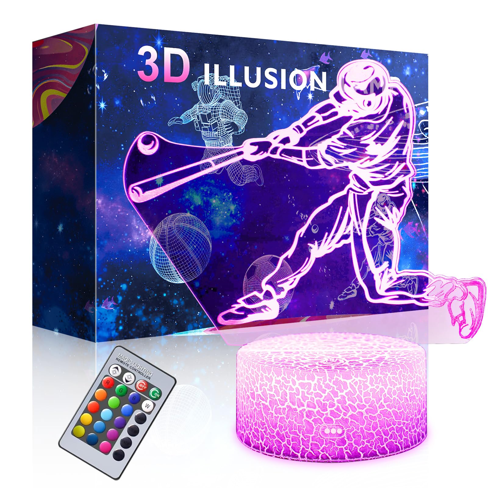 SEVEN LADY Baseball Man 3D Lamp Night Light with Remote & Touch Control,Multiple Colour Brightness Adjusted Batteries Powered Gifts for Boys Girls (Baseball Man-2)