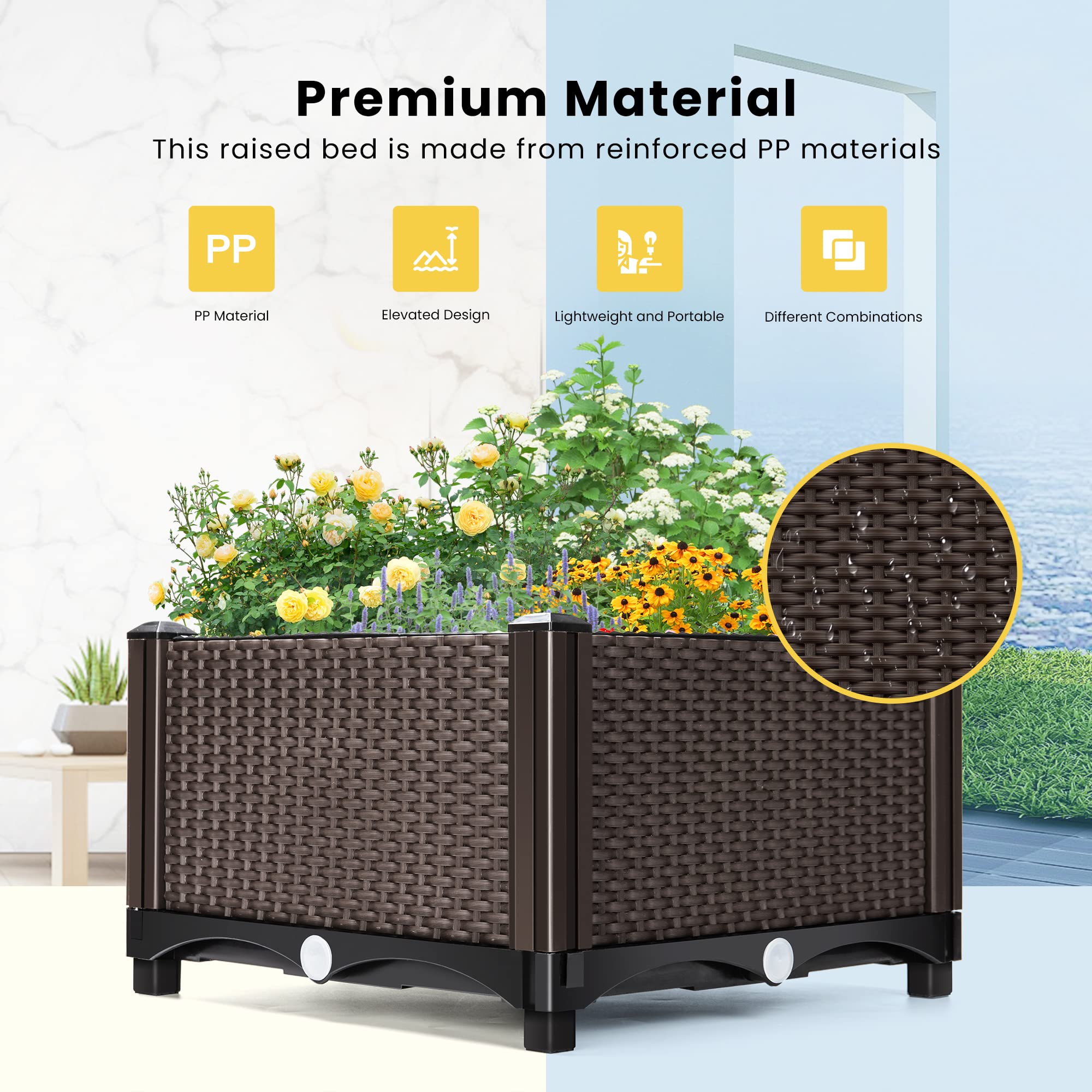 VIVOHOME 4 Packs Elevated Plastic Raised Garden Bed Planter Kit, Outdoor Planters Above Ground Flower Vegetable Standing Box for Patio Deck Porch W/Drainage Holes