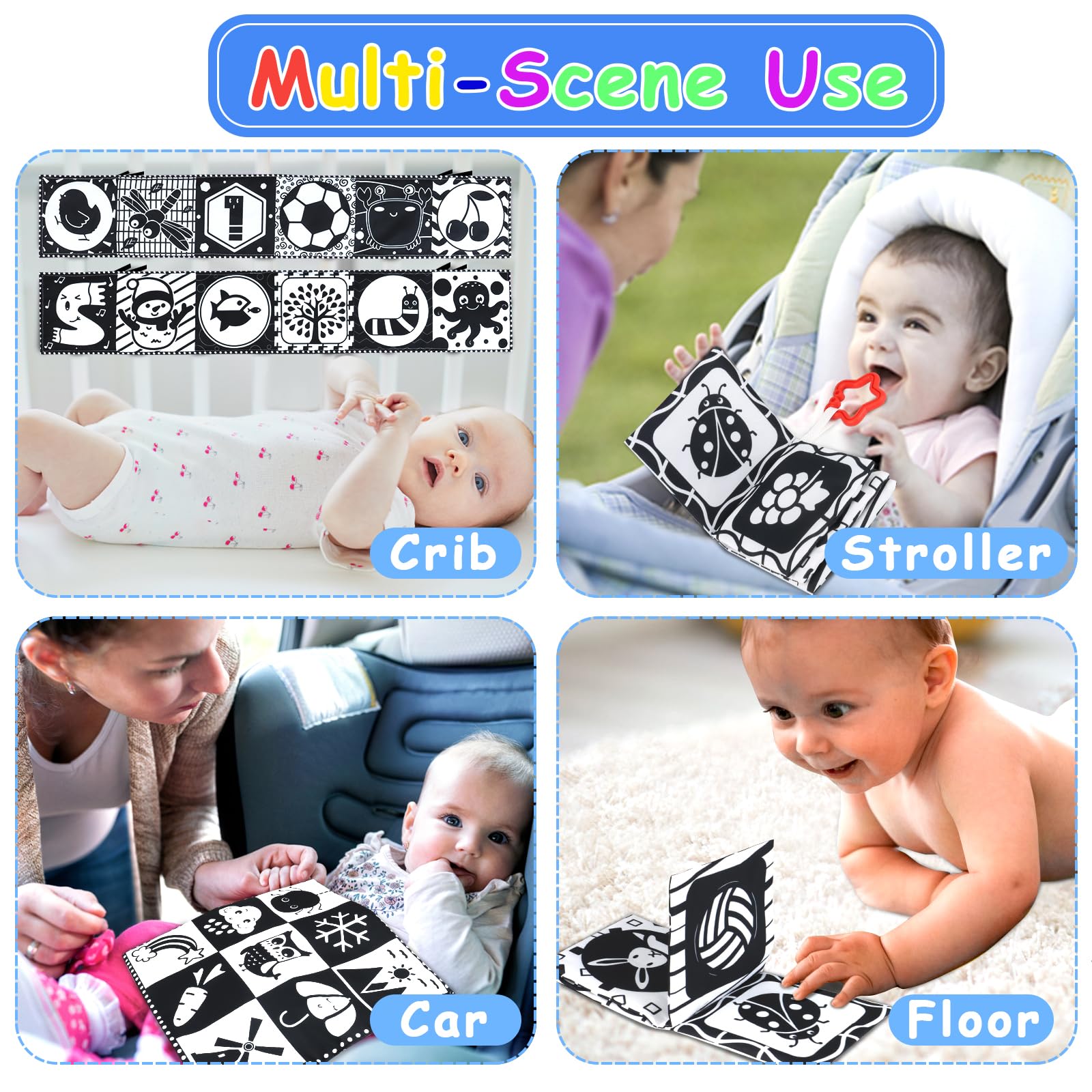 KUANGO Newborn Toys Black and White Baby Toys 0-3 Months High Contrast Baby Toys for Newborn - High Contrast Baby Soft Book Infant Tummy Time Toys Crinkle Sensory Toys for Brain Development
