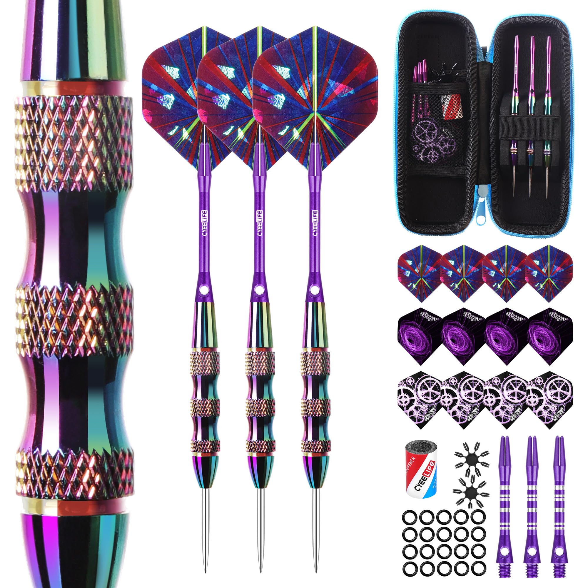 CyeeLife Steel Tip Darts Set,3 Pack Professional Dart with 6 Premium Aluminum Shafts,3 Style PET Flights,Dart Sharpener, Rubber Rings, Flight Protector and Dart Case,Colorful