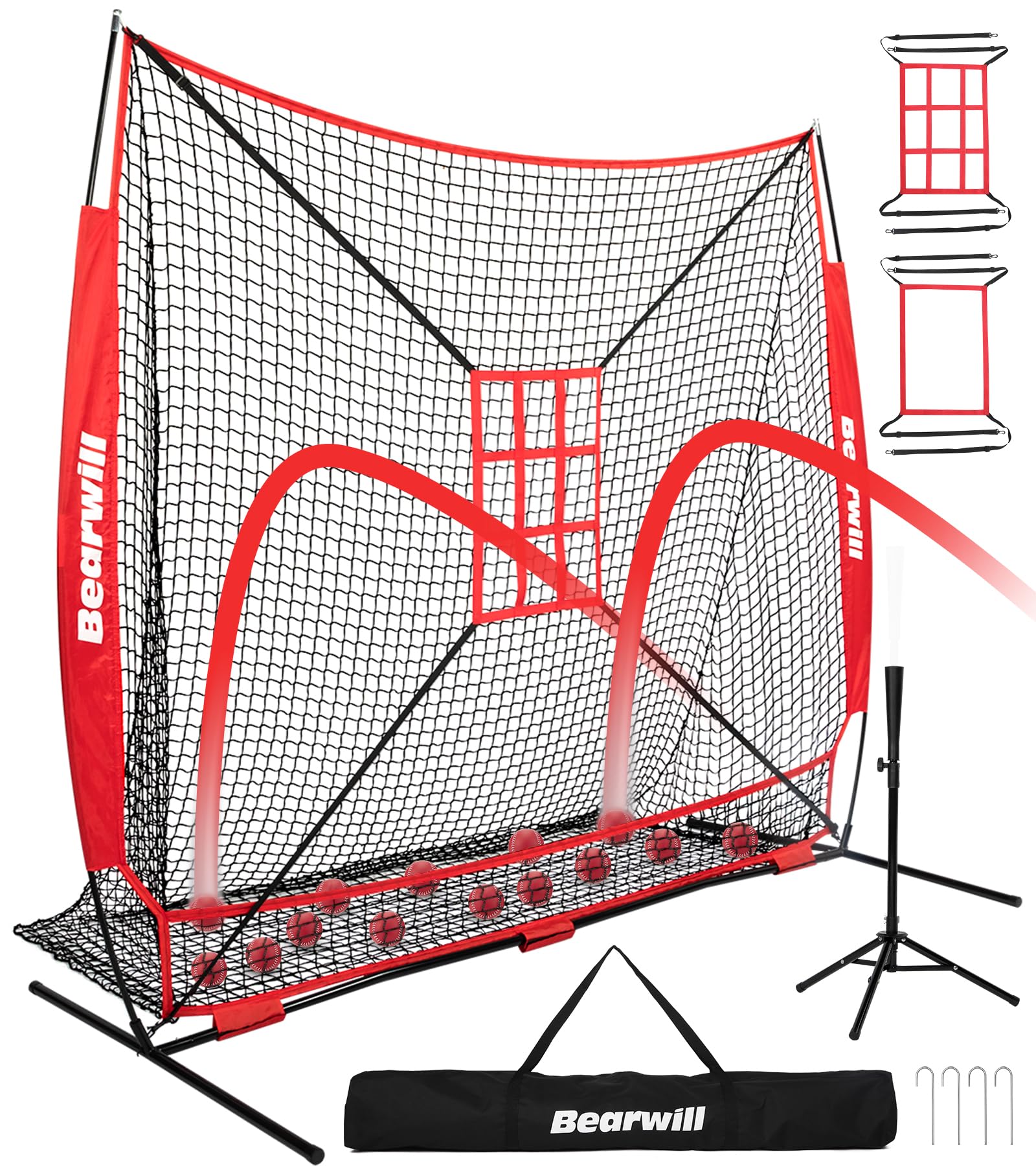 Bearwill Baseball Net, 7x7ft Baseball Softball Pitching Net with Large Ball Collection System, Hitting Net Batting Net with Tee, 2 Strike Zones, Carry Bag, Baseball Nets for Batting Hitting Pitching