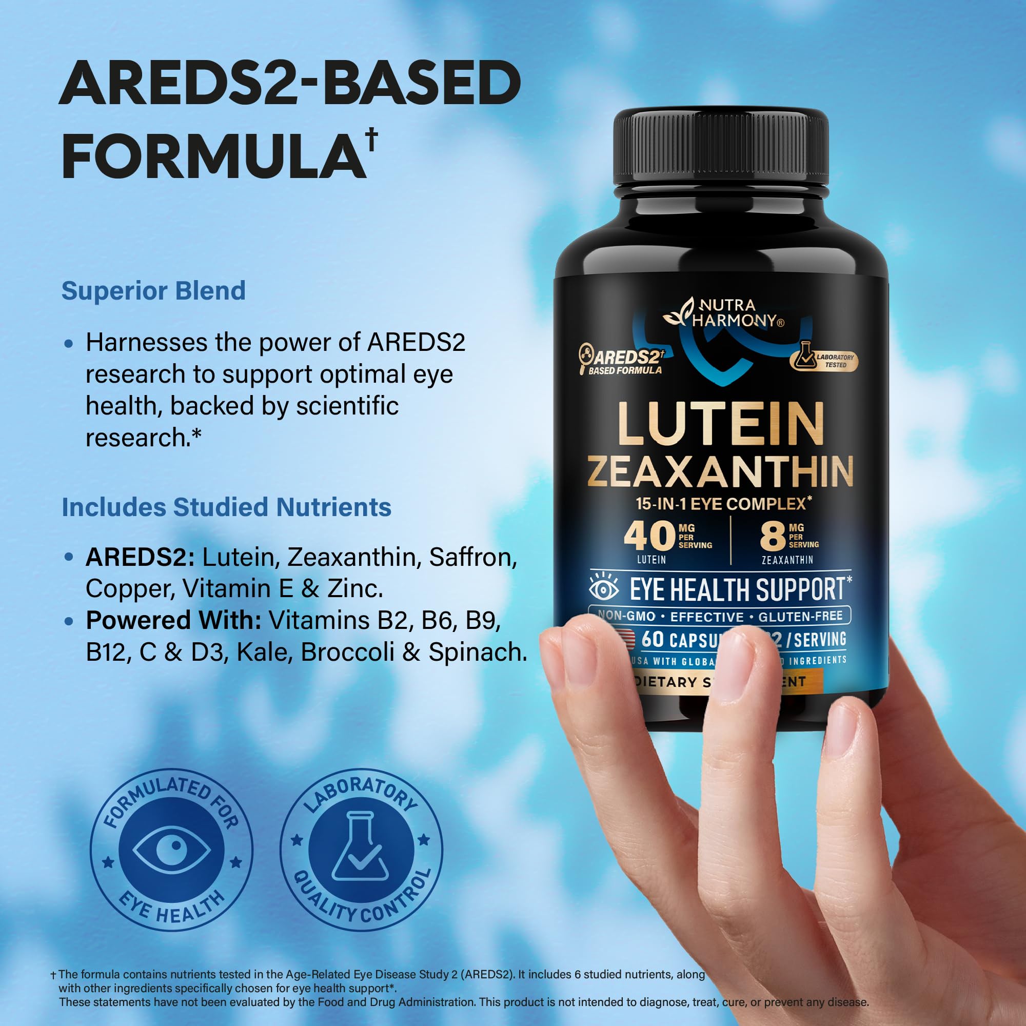 Eye Vitamins - Lutein and Zeaxanthin Supplements - AREDS2 Based Supplement for Seniors & Adults - Eye Health & Vision Support - Saffron, Zinc, Vitamins, Copper, Super Greens - Made in USA, 60 Capsules