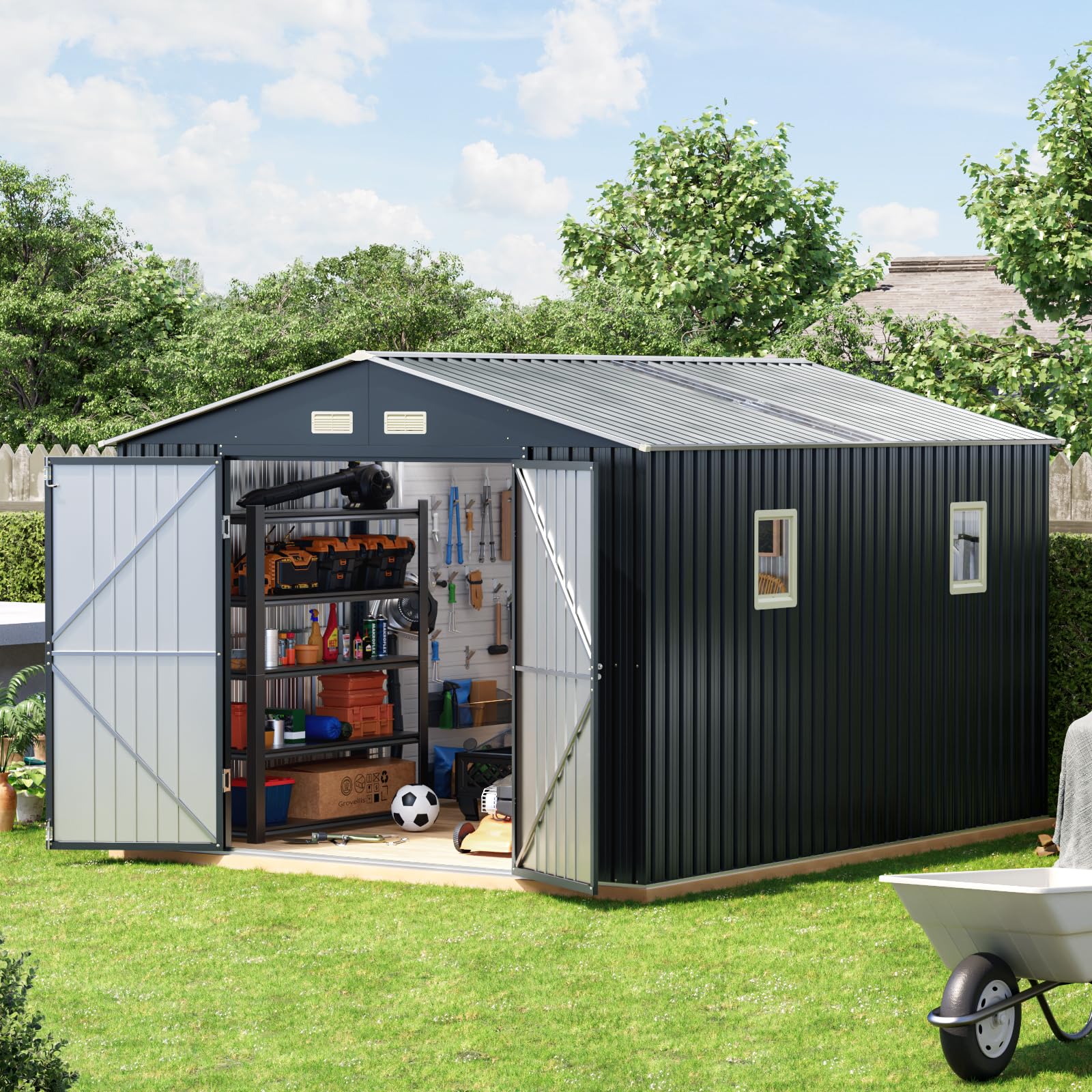 Grovellis 10x12 FT Outdoor Metal Storage Shed, Double Swing Doors, 2 Clear Windows, Replaceable Skylight Roof Panel, Tool Shed for Garden, Patio, Backyard