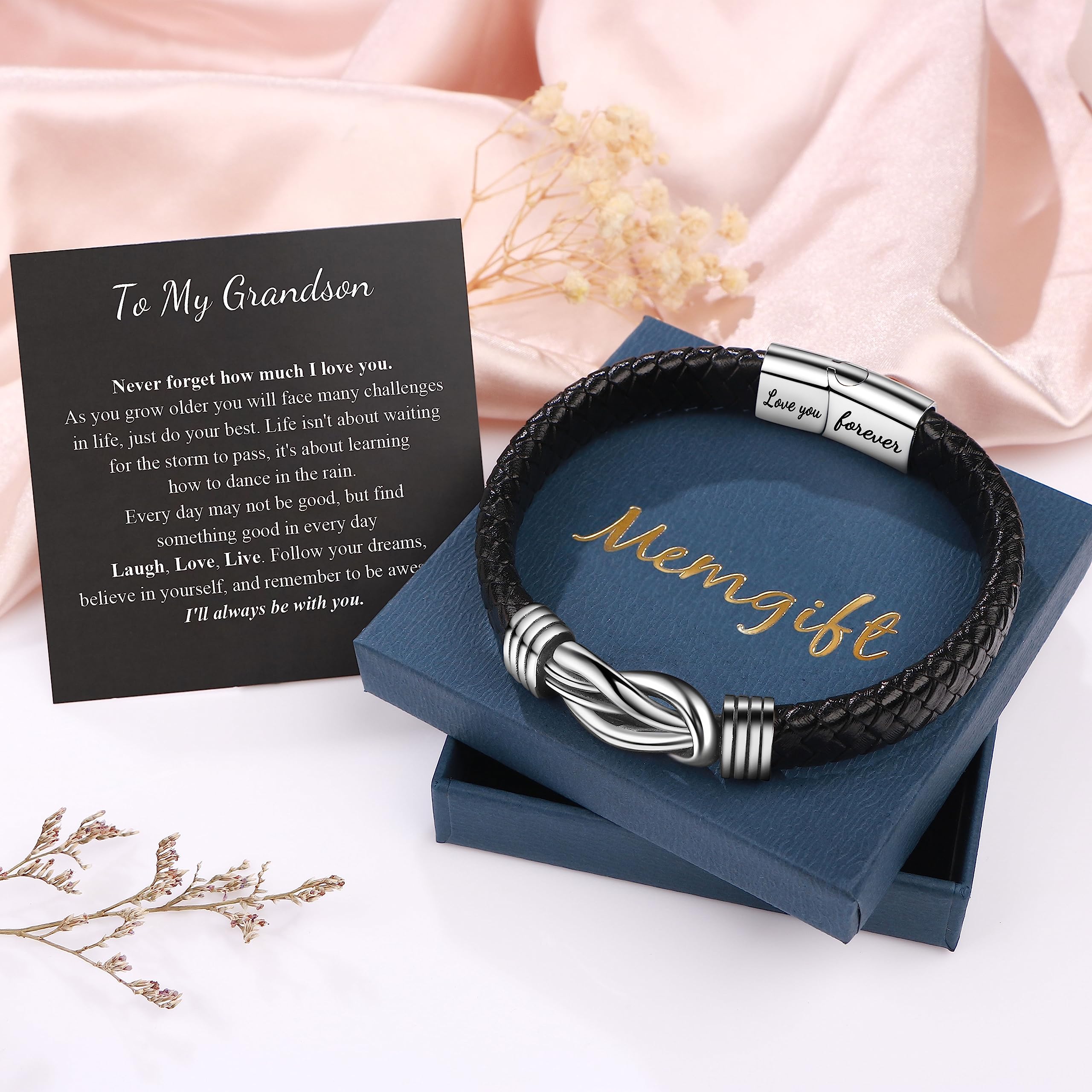 Grandson Bracelets from Grandma Grandson Gifts from Grandpa Love You Forever Knot Bracelet Gift for Teenagers Back to School Christmas Easter Birthday Gift Braided Leather Bracelets for Men 7.5 Inches