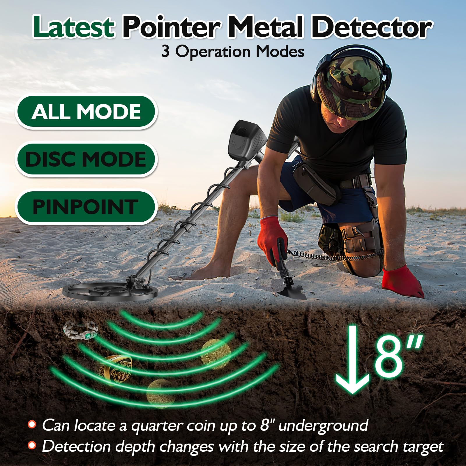 OMMO Metal Detector, High Accuracy Pointer Metal Detector for Adults with Backlight 10'' Waterproof Coil USB Cable, All&Disc&Pinpoint Mode, for Detecting Gold Coin Treasure Hunting