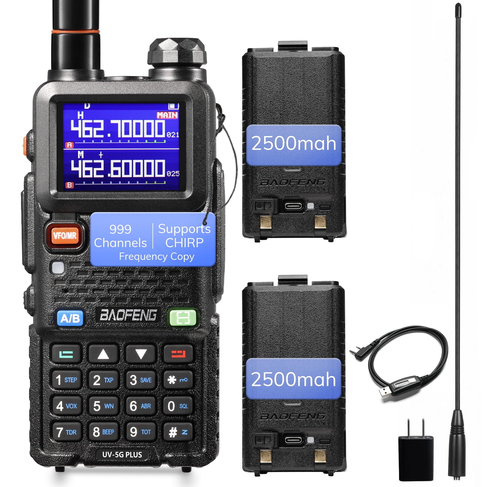 BAOFENG UV-5G Plus GMRS Handheld Radio, Long Rang Two Way Radio for Adult, 999 Channels, NOAA Receiver, with Two 2500mAh Batteries, 15.5" Antennas, Programming Cable, Chirp Compatible, 1 Pack